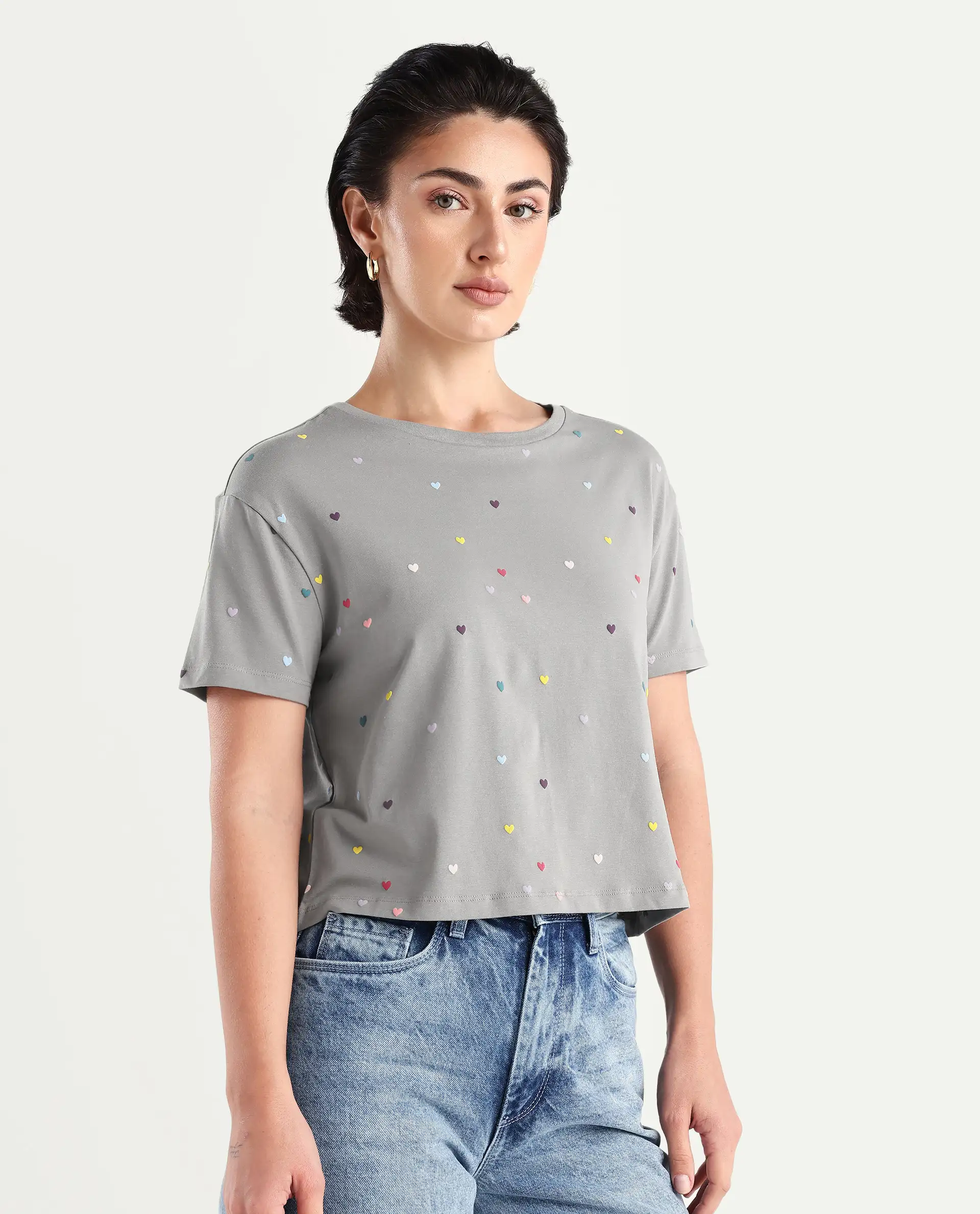 Rareism Women's Tesav Dark Grey Cotton Blend Crew Neck Object Print Crop Relaxed Fit T-Shirt - Image 6