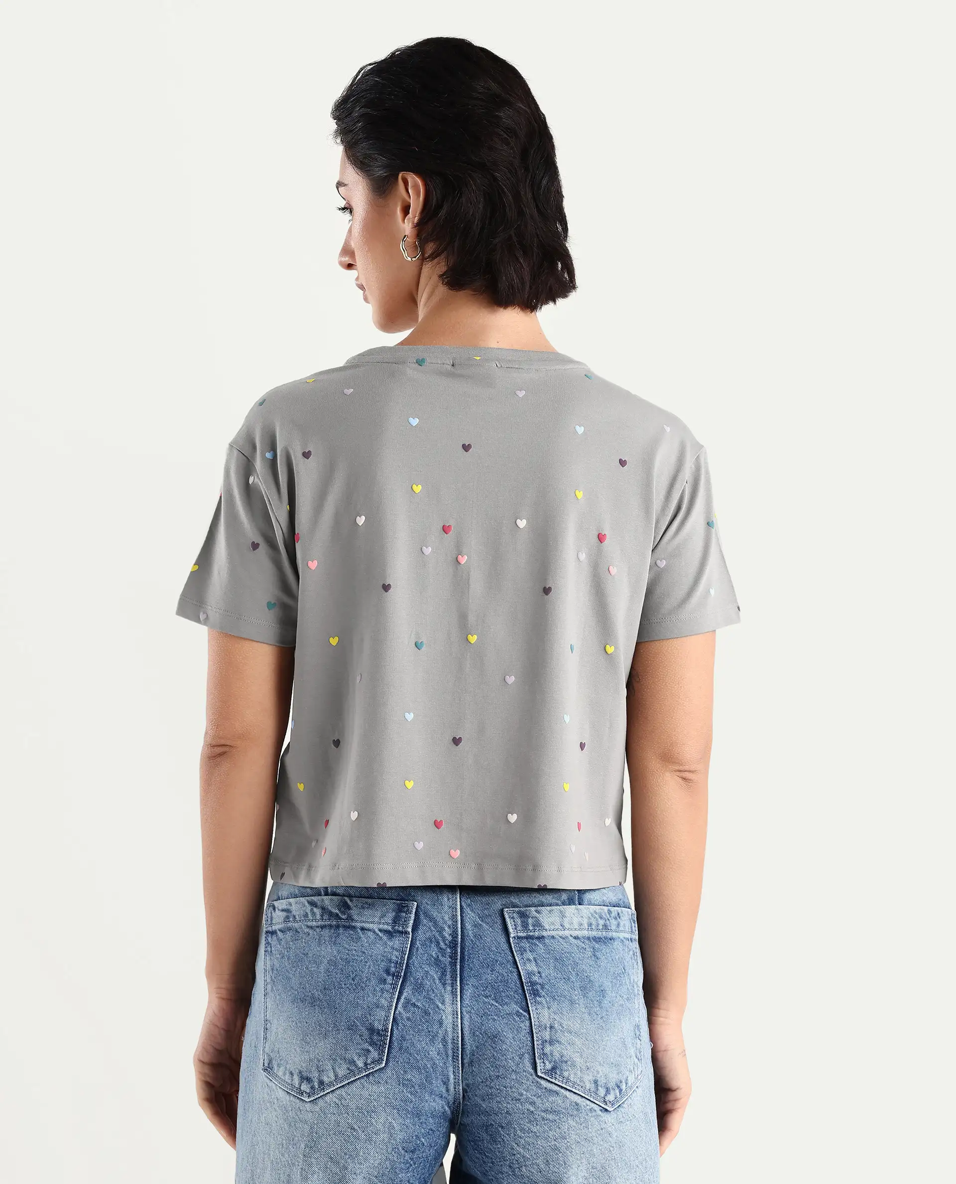 Rareism Women's Tesav Dark Grey Cotton Blend Crew Neck Object Print Crop Relaxed Fit T-Shirt - Image 7