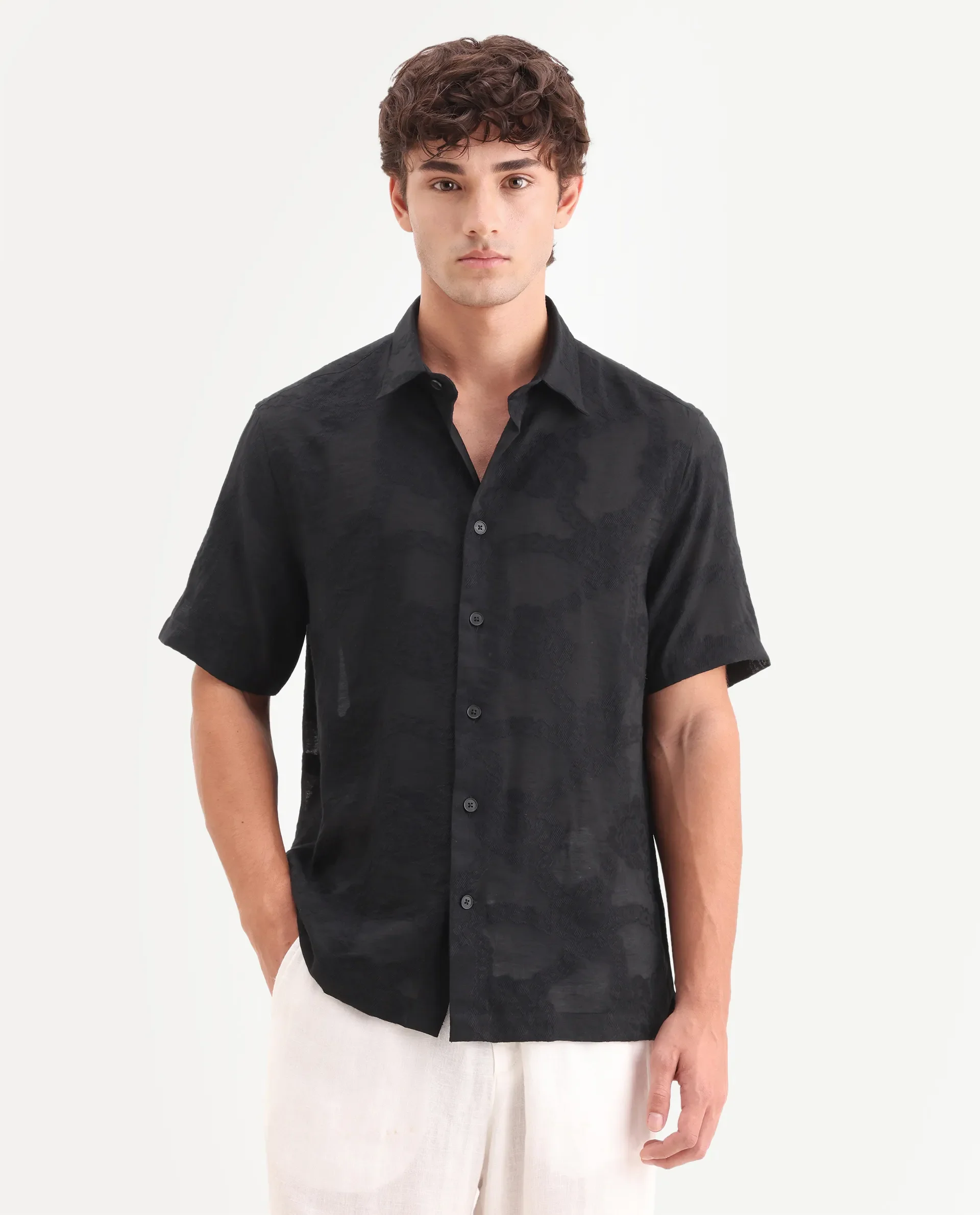 Rare Rabbit Men's Tesh Black Viscose Blend Fabric Half Sleeve Spread Collar Button Regular Jacquard Shirt