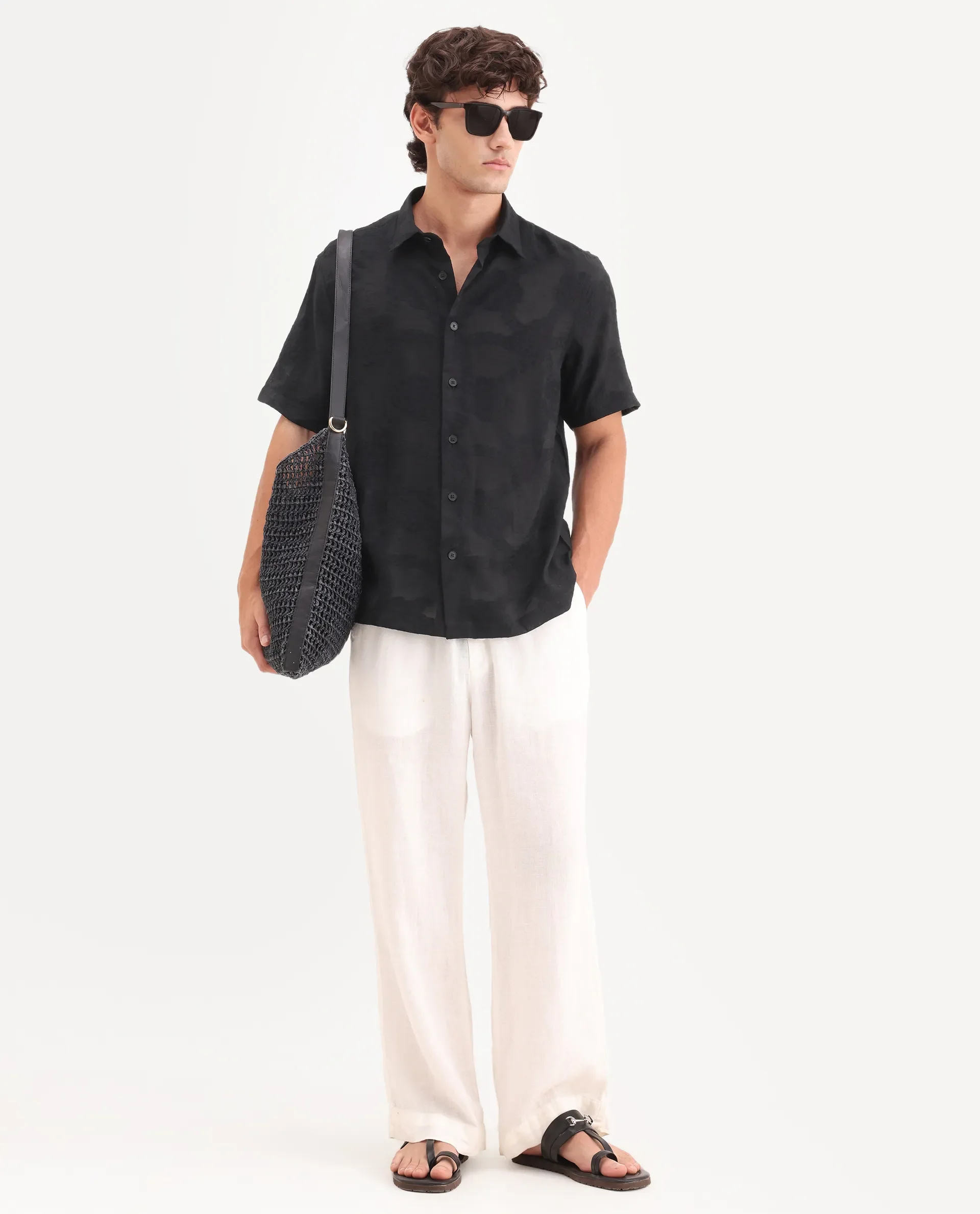 Rare Rabbit Men's Tesh Black Viscose Blend Fabric Half Sleeve Spread Collar Button Regular Jacquard Shirt - Image 2
