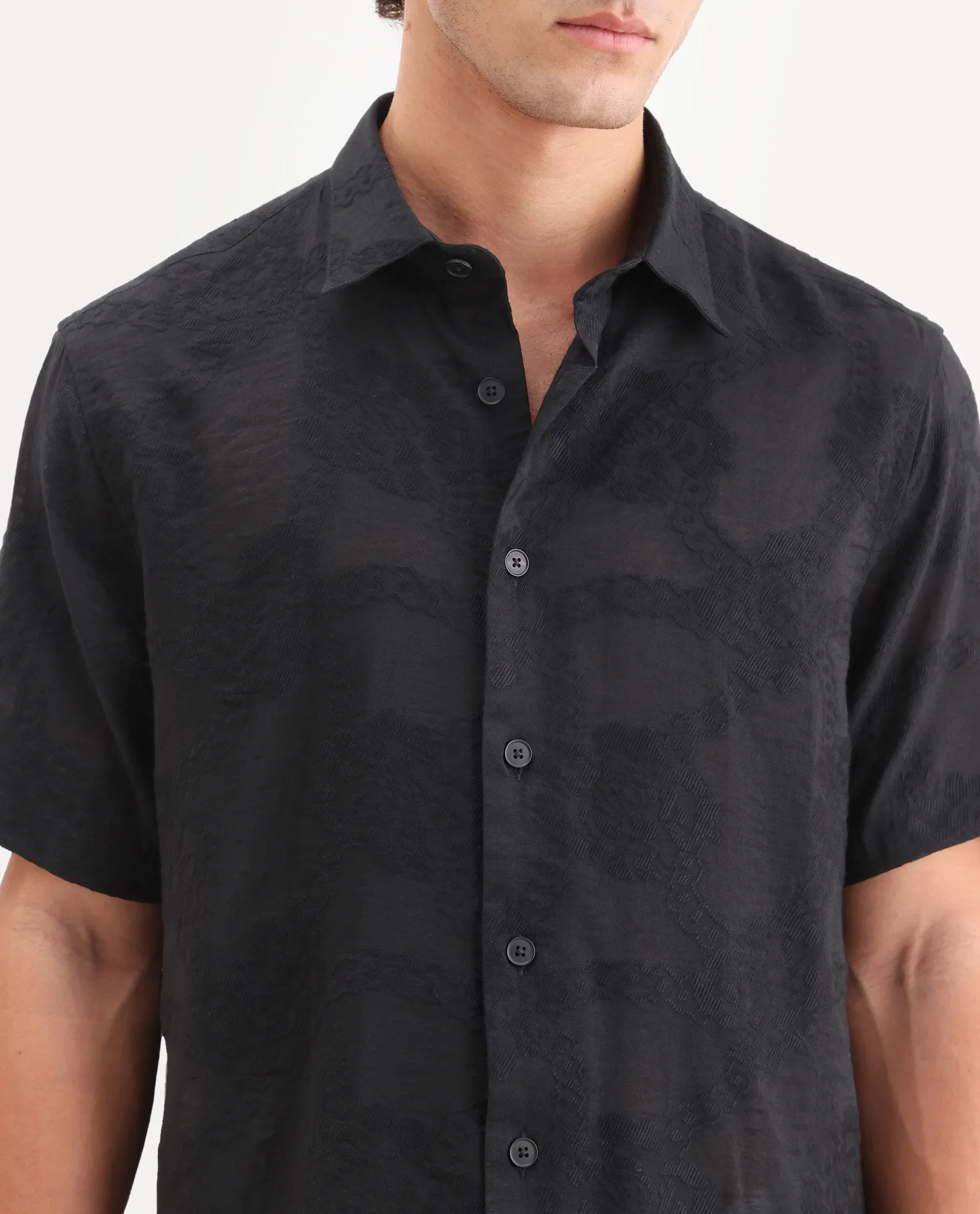 Rare Rabbit Men's Tesh Black Viscose Blend Fabric Half Sleeve Spread Collar Button Regular Jacquard Shirt - Image 3