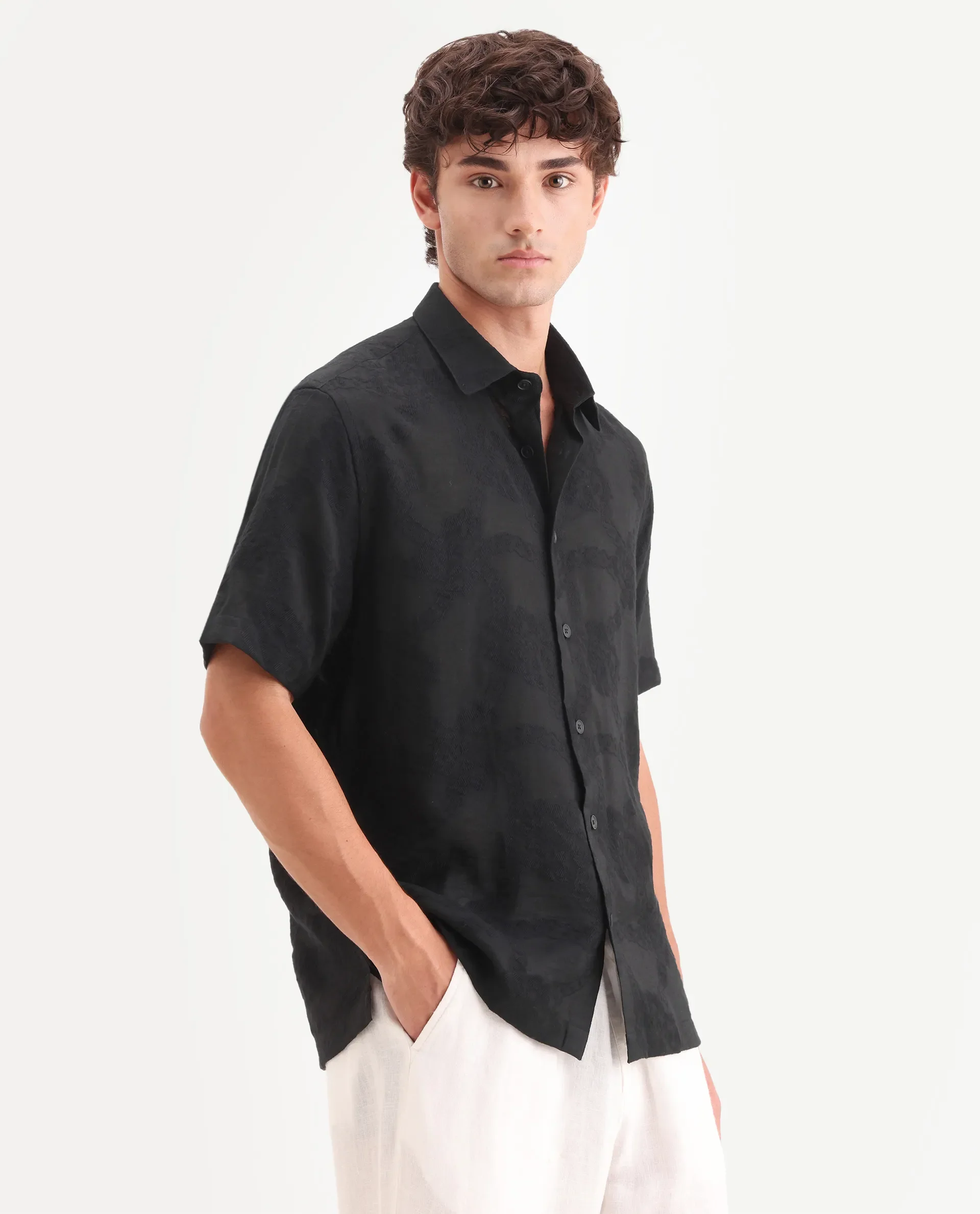 Rare Rabbit Men's Tesh Black Viscose Blend Fabric Half Sleeve Spread Collar Button Regular Jacquard Shirt - Image 4