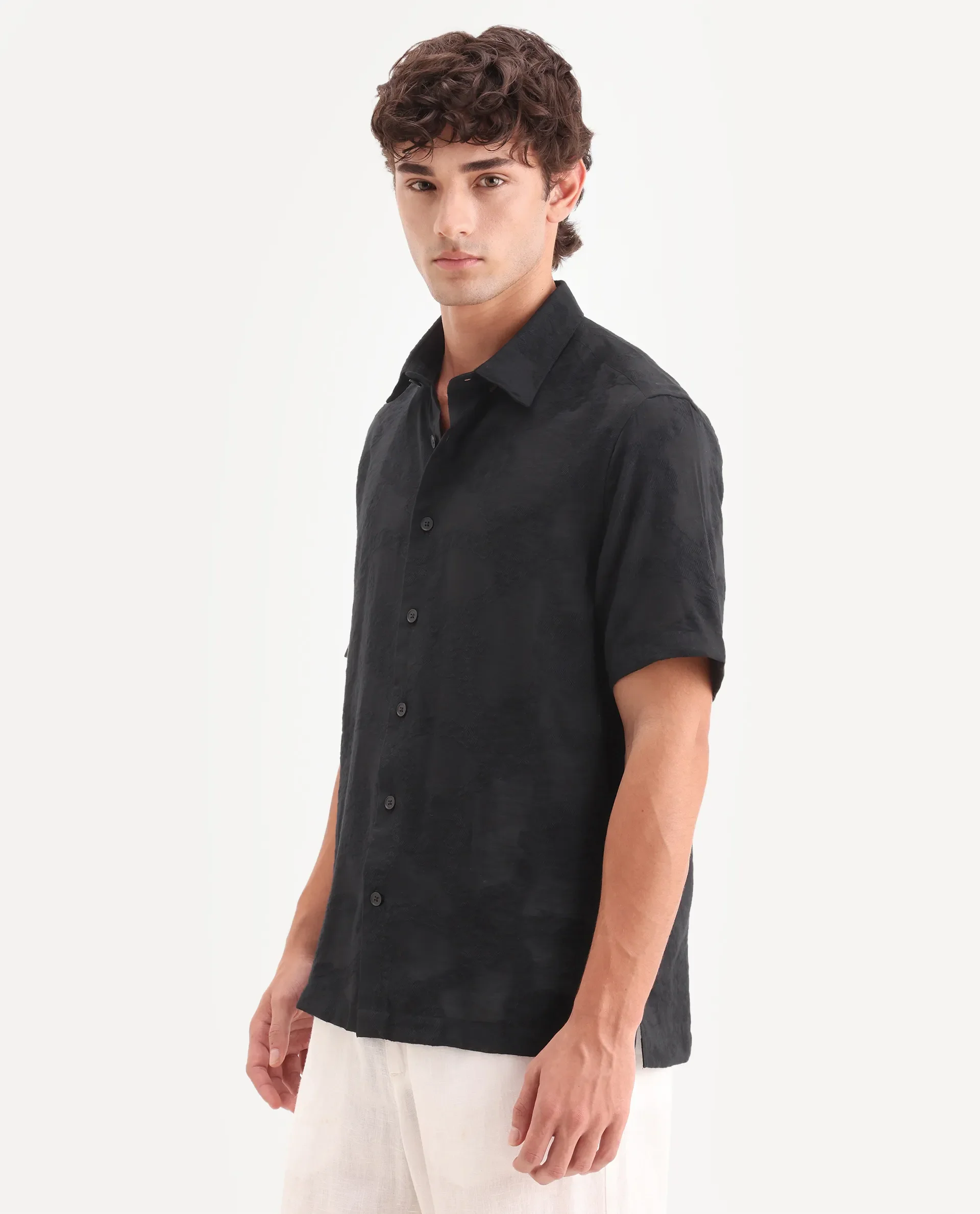 Rare Rabbit Men's Tesh Black Viscose Blend Fabric Half Sleeve Spread Collar Button Regular Jacquard Shirt - Image 5
