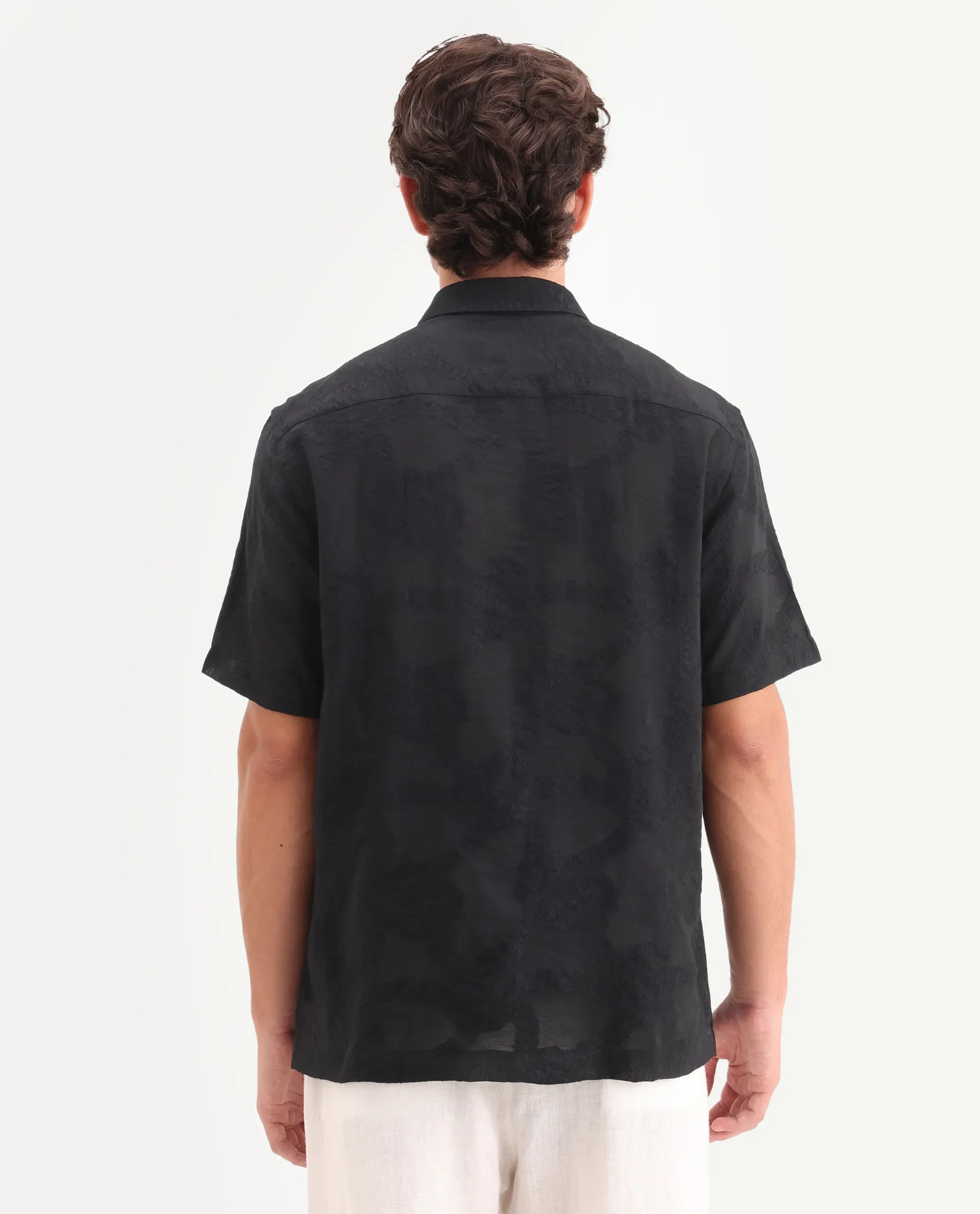 Rare Rabbit Men's Tesh Black Viscose Blend Fabric Half Sleeve Spread Collar Button Regular Jacquard Shirt - Image 6