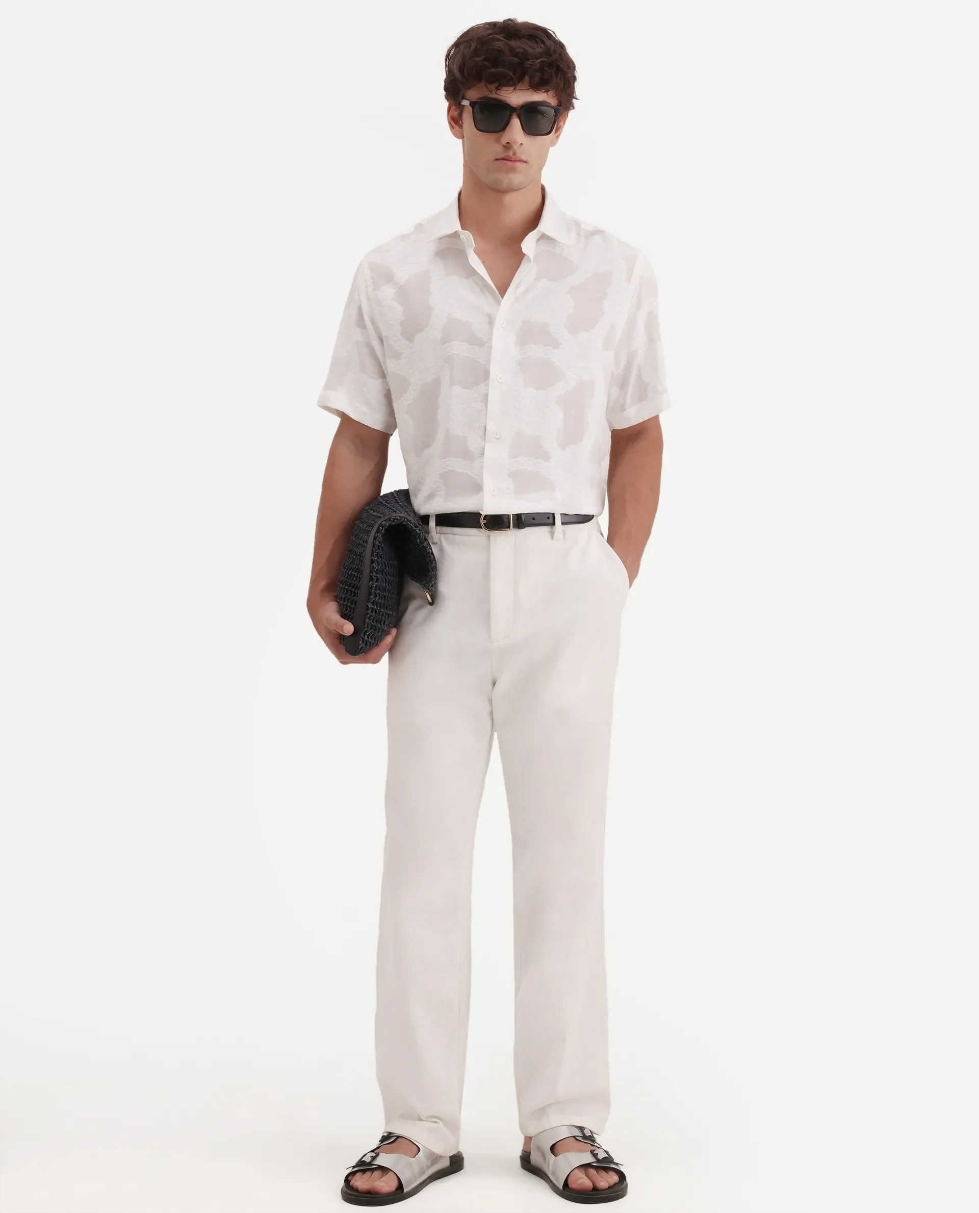 Rare Rabbit Men's Tesh Off White Viscose Blend Fabric Half Sleeve Spread Collar Button Regular Jacquard Shirt - Image 2