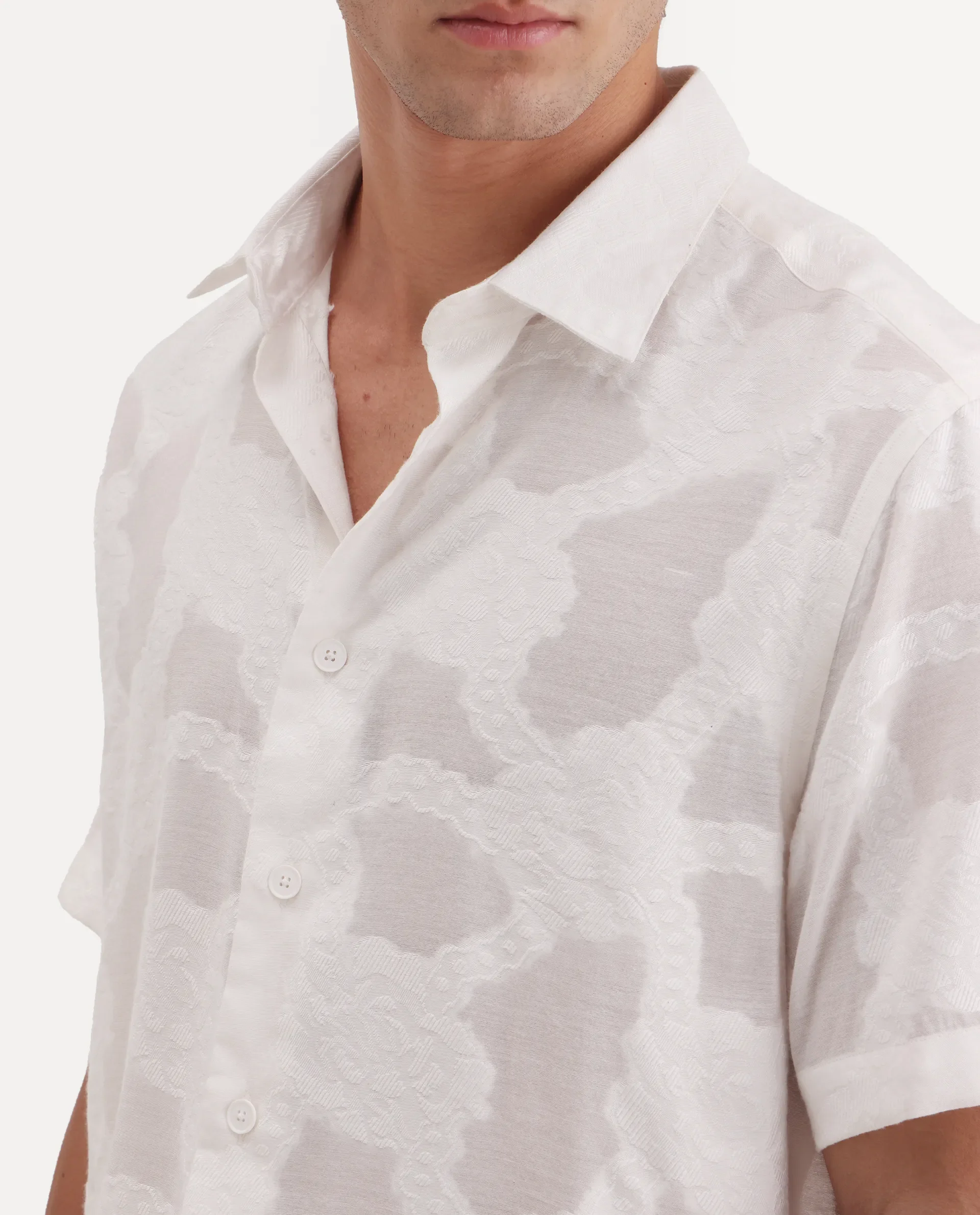 Rare Rabbit Men's Tesh Off White Viscose Blend Fabric Half Sleeve Spread Collar Button Regular Jacquard Shirt - Image 3