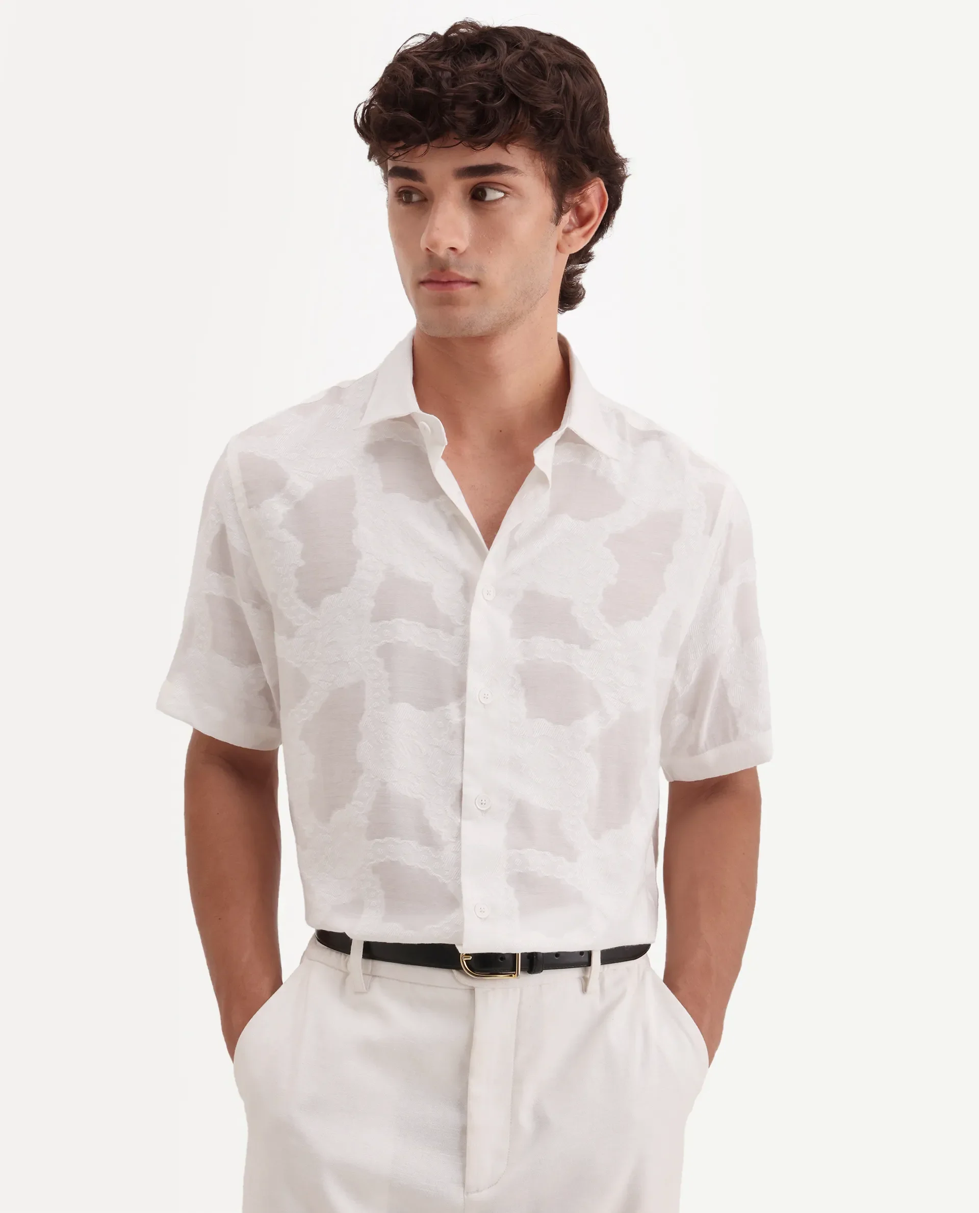 Rare Rabbit Men's Tesh Off White Viscose Blend Fabric Half Sleeve Spread Collar Button Regular Jacquard Shirt - Image 4