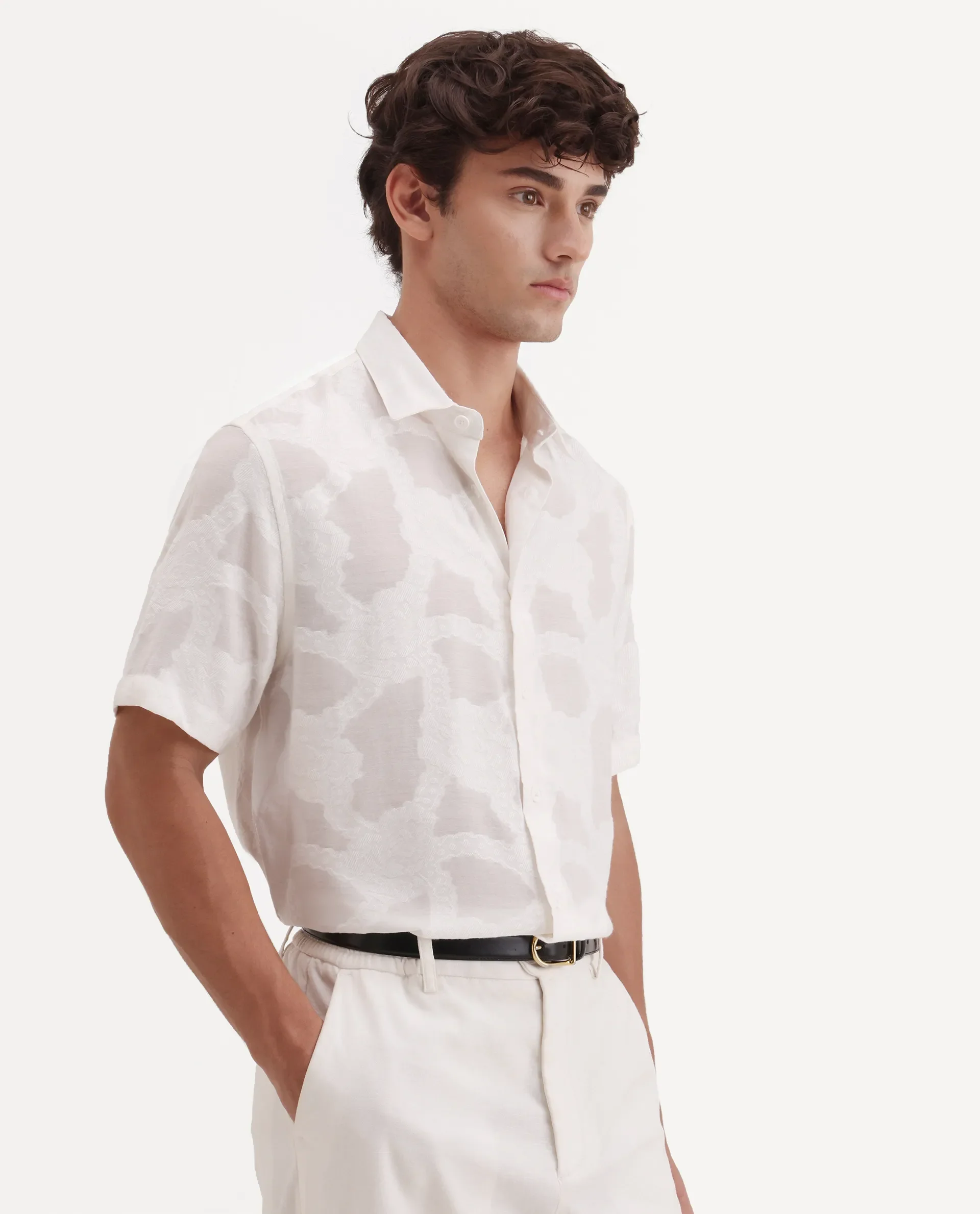 Rare Rabbit Men's Tesh Off White Viscose Blend Fabric Half Sleeve Spread Collar Button Regular Jacquard Shirt - Image 5