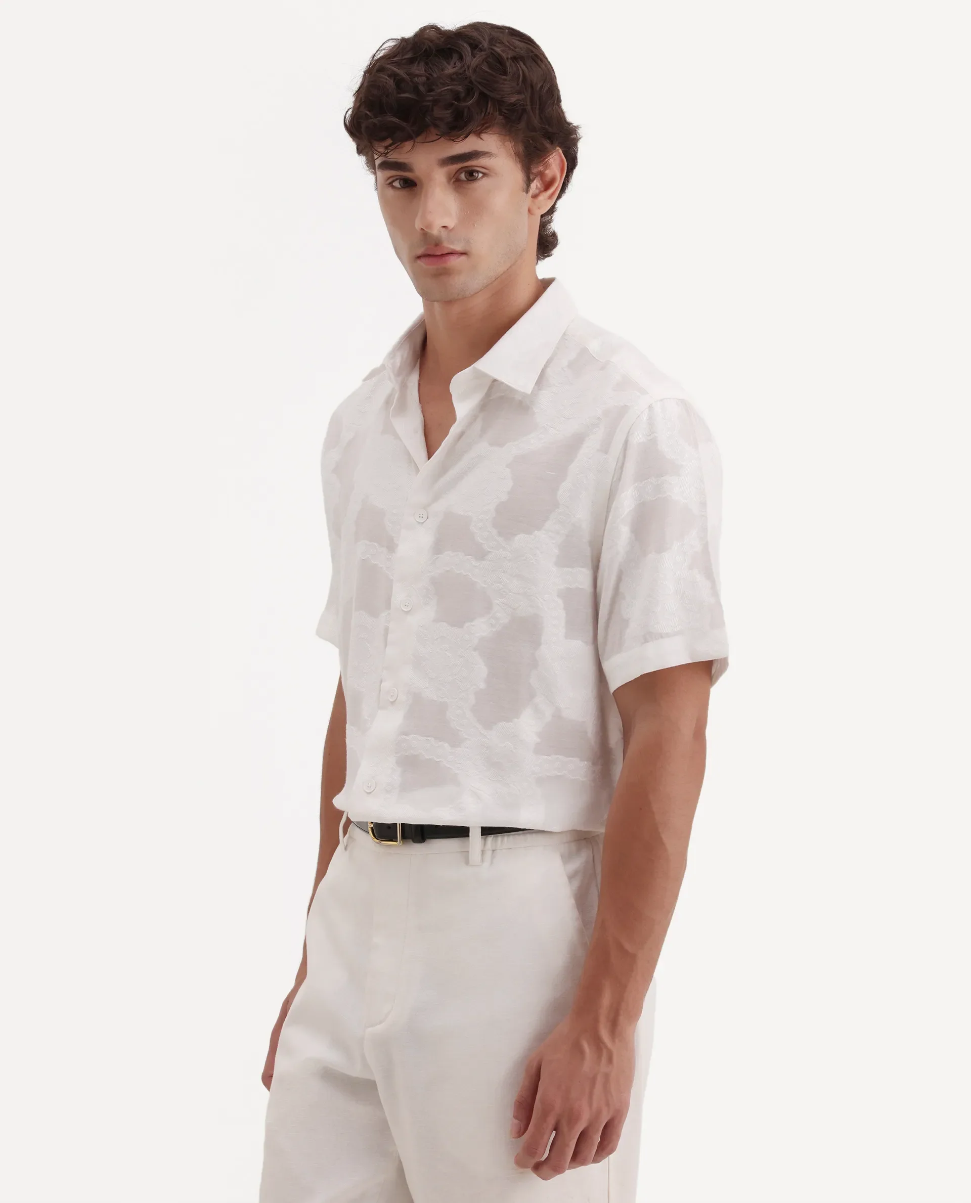 Rare Rabbit Men's Tesh Off White Viscose Blend Fabric Half Sleeve Spread Collar Button Regular Jacquard Shirt - Image 6