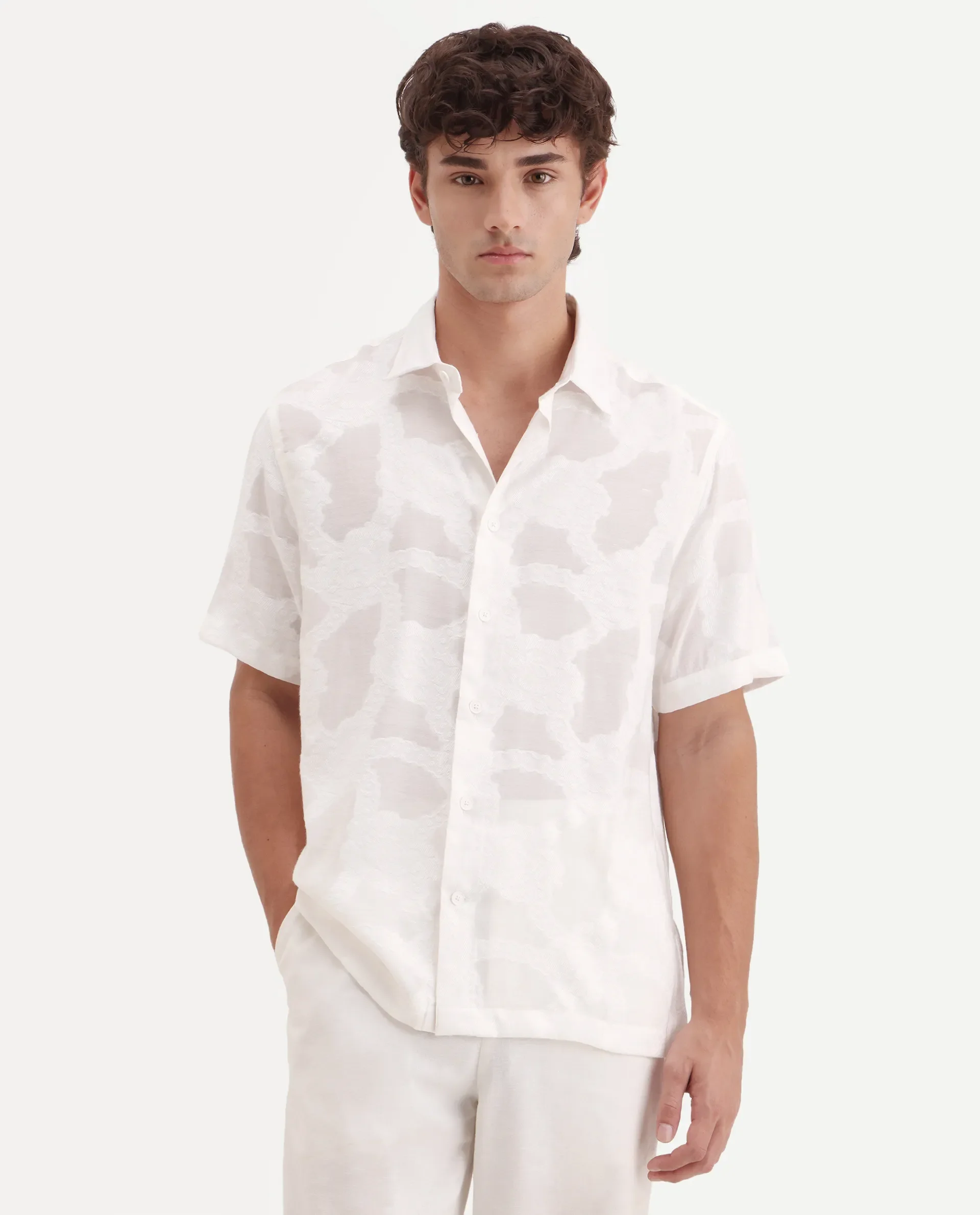 Rare Rabbit Men's Tesh Off White Viscose Blend Fabric Half Sleeve Spread Collar Button Regular Jacquard Shirt - Image 7