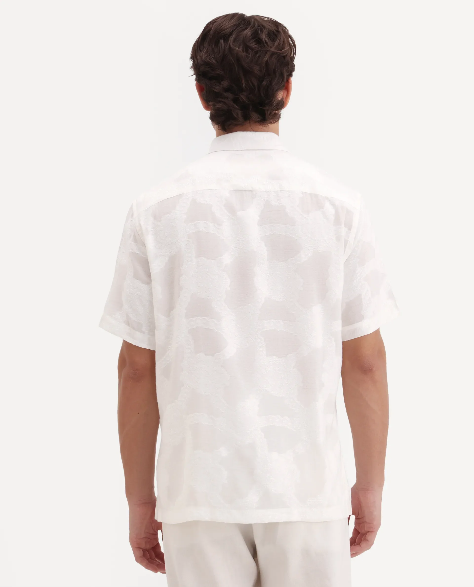 Rare Rabbit Men's Tesh Off White Viscose Blend Fabric Half Sleeve Spread Collar Button Regular Jacquard Shirt - Image 8