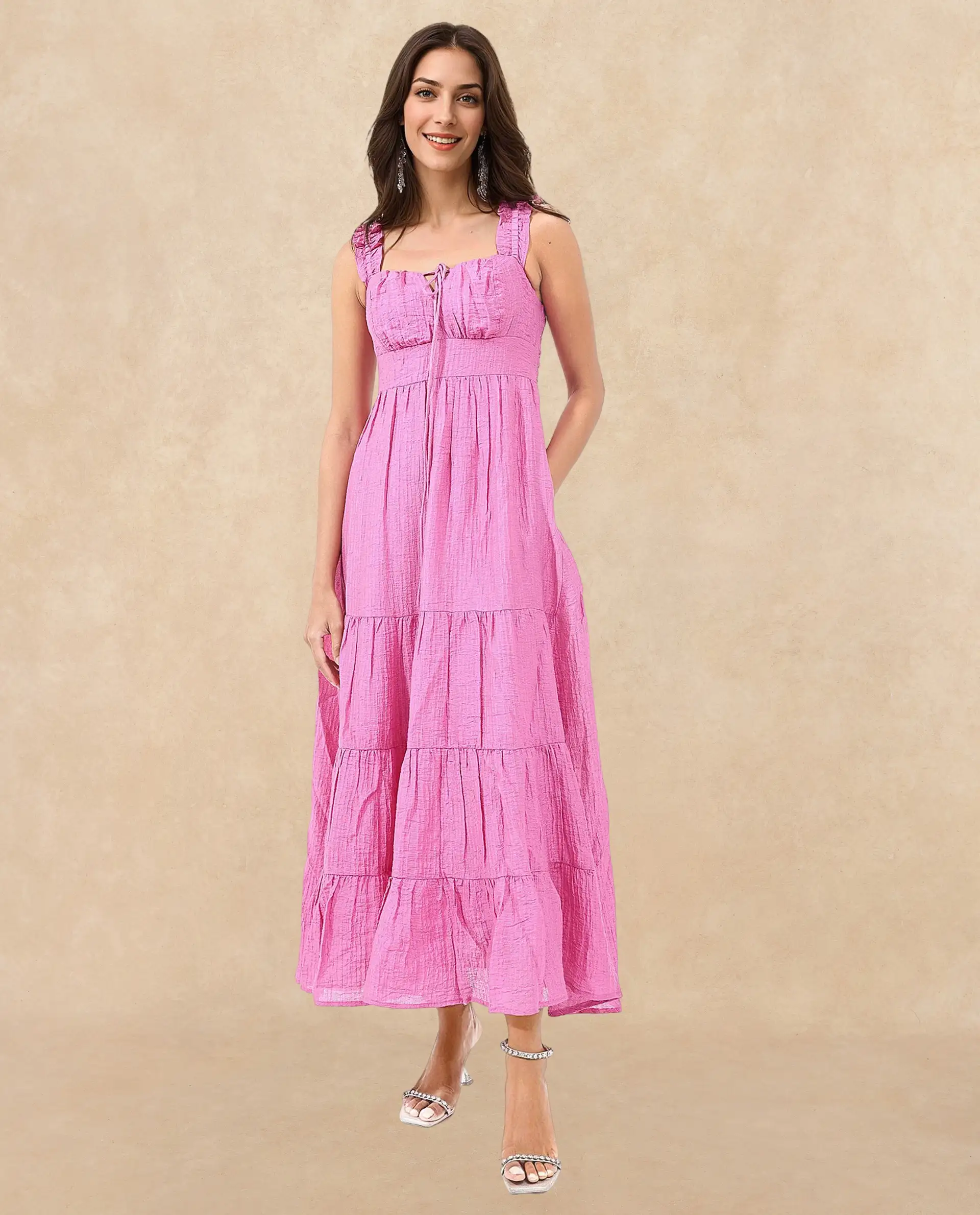 Rareism Women's Tesi Flouroscent Pink Rayon Square Neck Plain Shoulder Strap Midi Fit And Flare Dress
