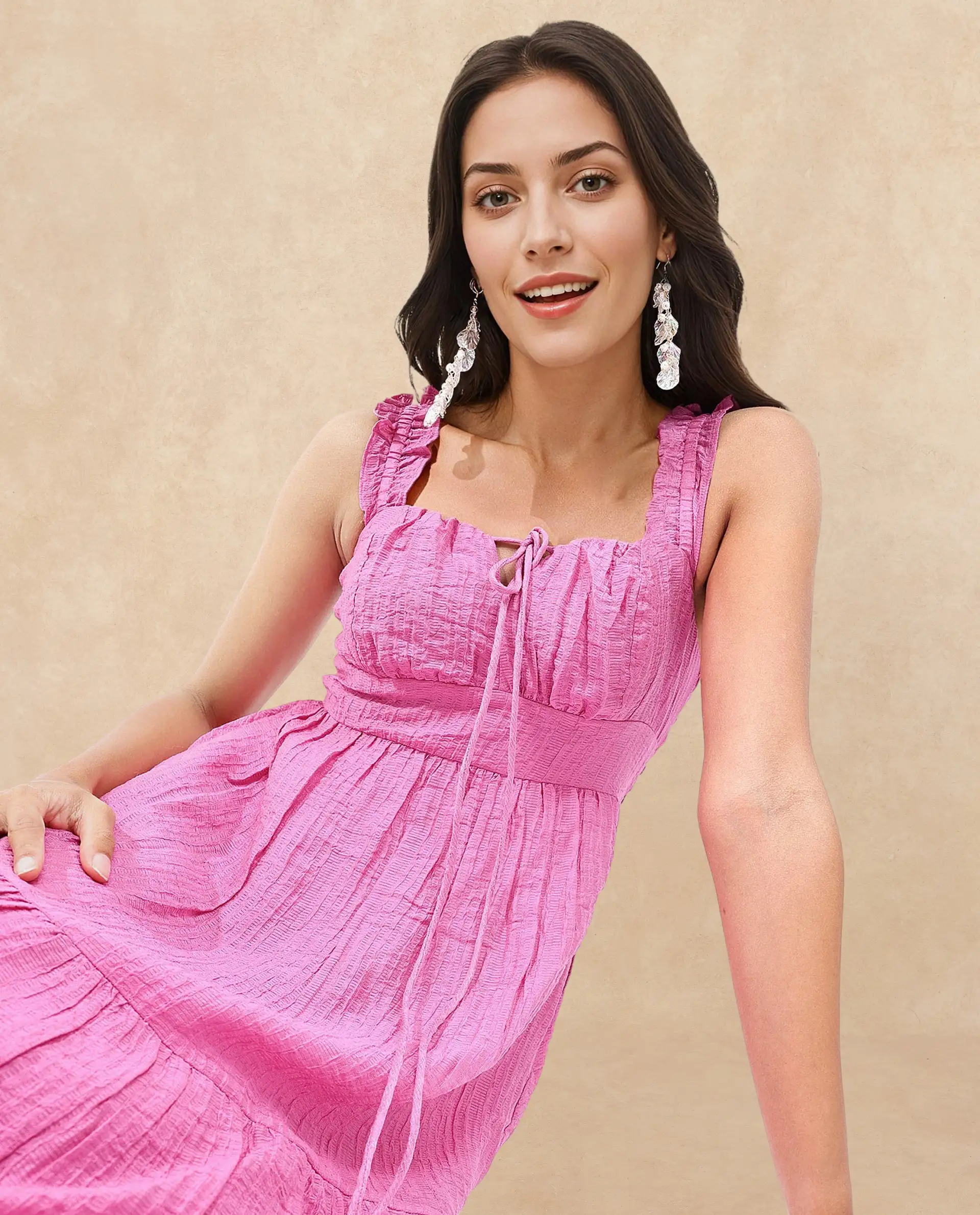 Rareism Women's Tesi Flouroscent Pink Rayon Square Neck Plain Shoulder Strap Midi Fit And Flare Dress - Image 2