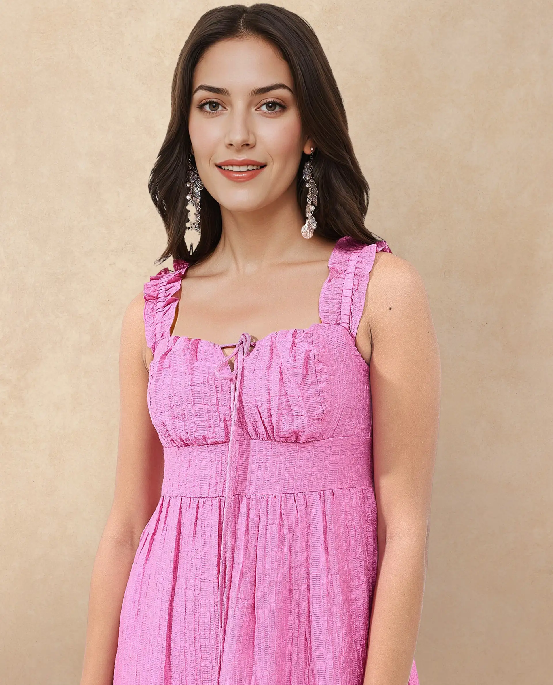 Rareism Women's Tesi Flouroscent Pink Rayon Square Neck Plain Shoulder Strap Midi Fit And Flare Dress - Image 3