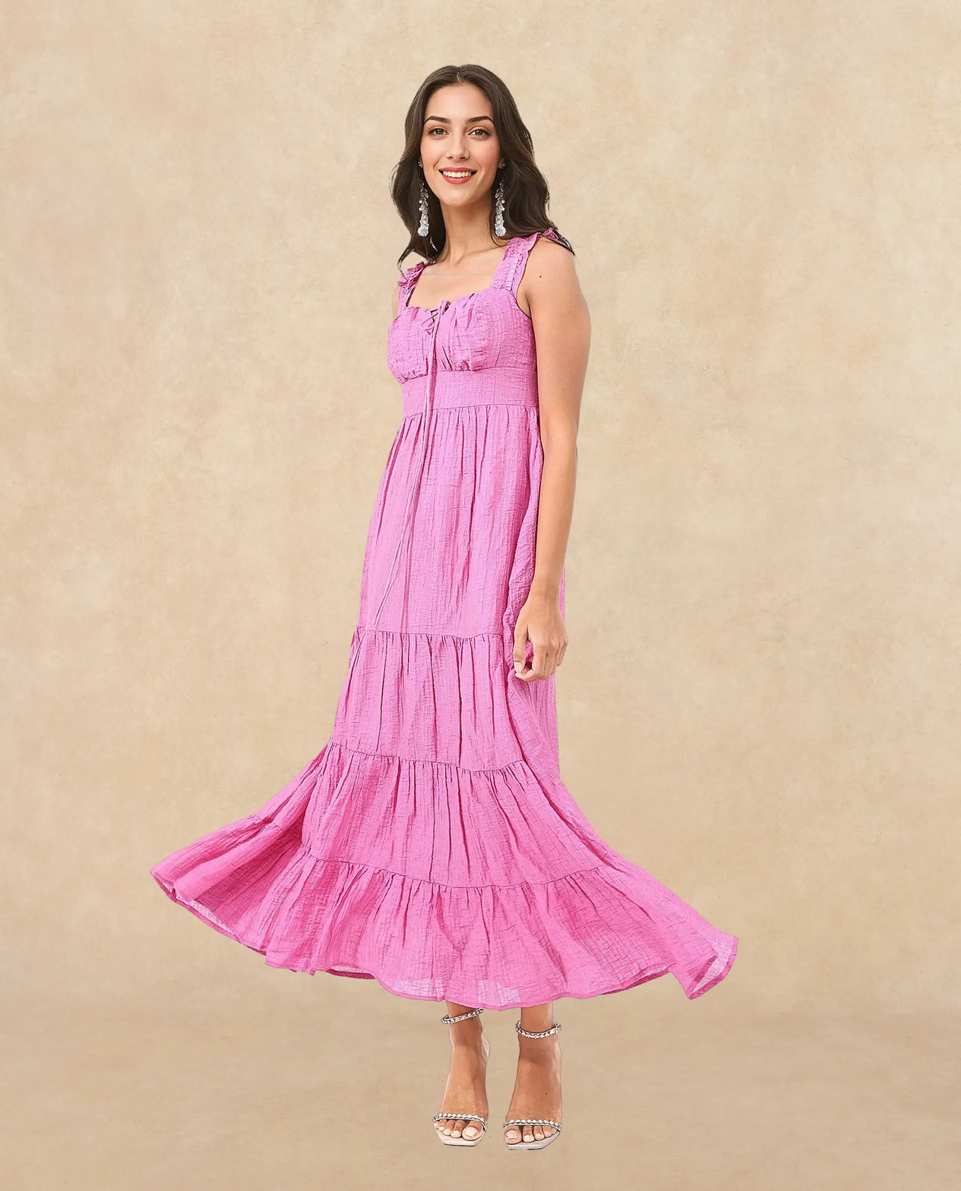 Rareism Women's Tesi Flouroscent Pink Rayon Square Neck Plain Shoulder Strap Midi Fit And Flare Dress - Image 5