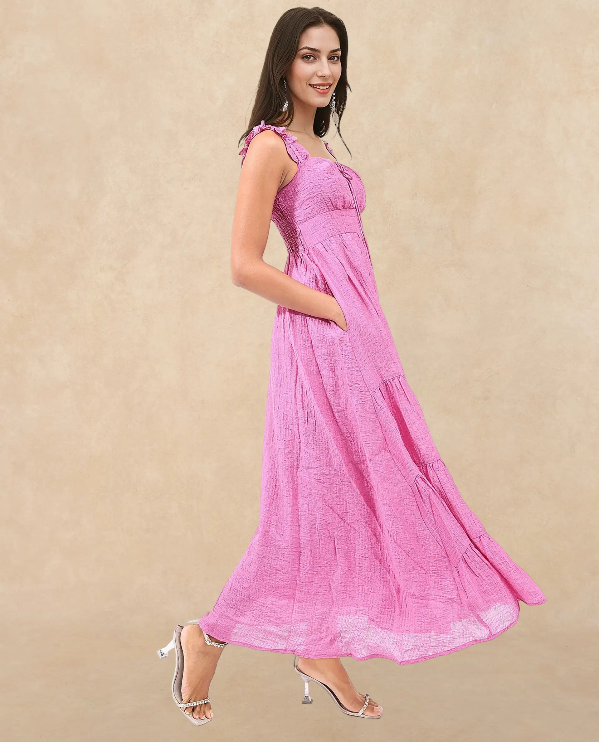 Rareism Women's Tesi Flouroscent Pink Rayon Square Neck Plain Shoulder Strap Midi Fit And Flare Dress - Image 6