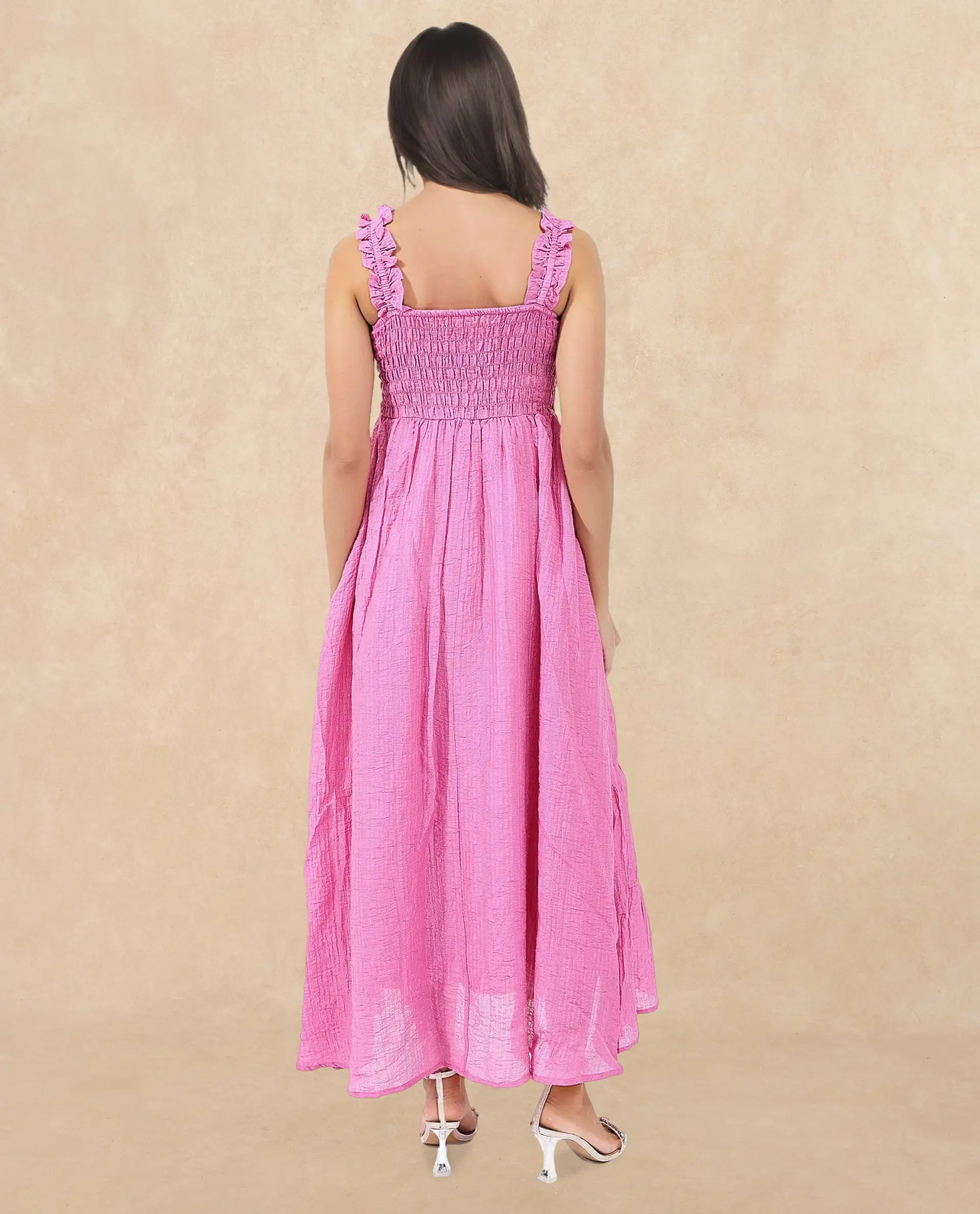 Rareism Women's Tesi Flouroscent Pink Rayon Square Neck Plain Shoulder Strap Midi Fit And Flare Dress - Image 7