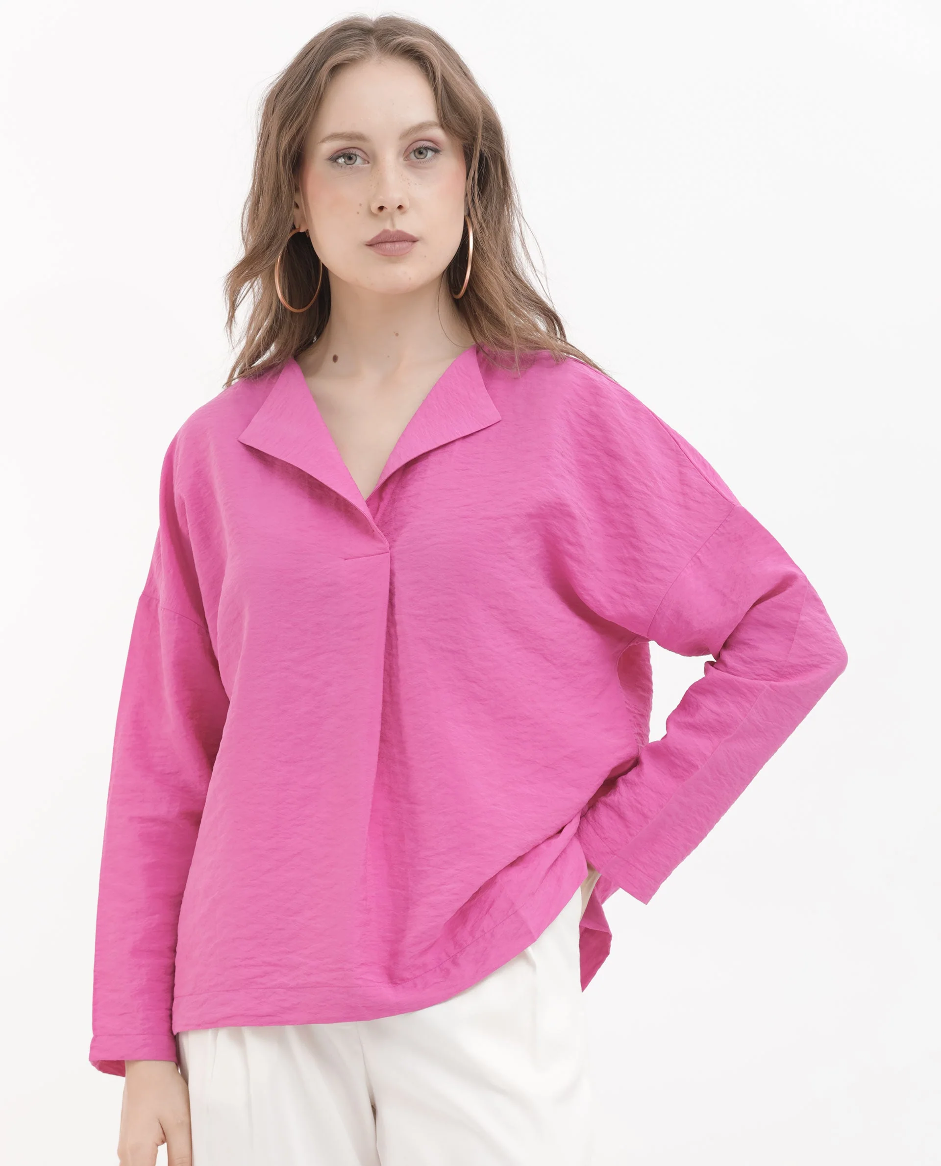 Rareism Women's Rayon Blend Lapel Neck Plain Relaxed Fit Top