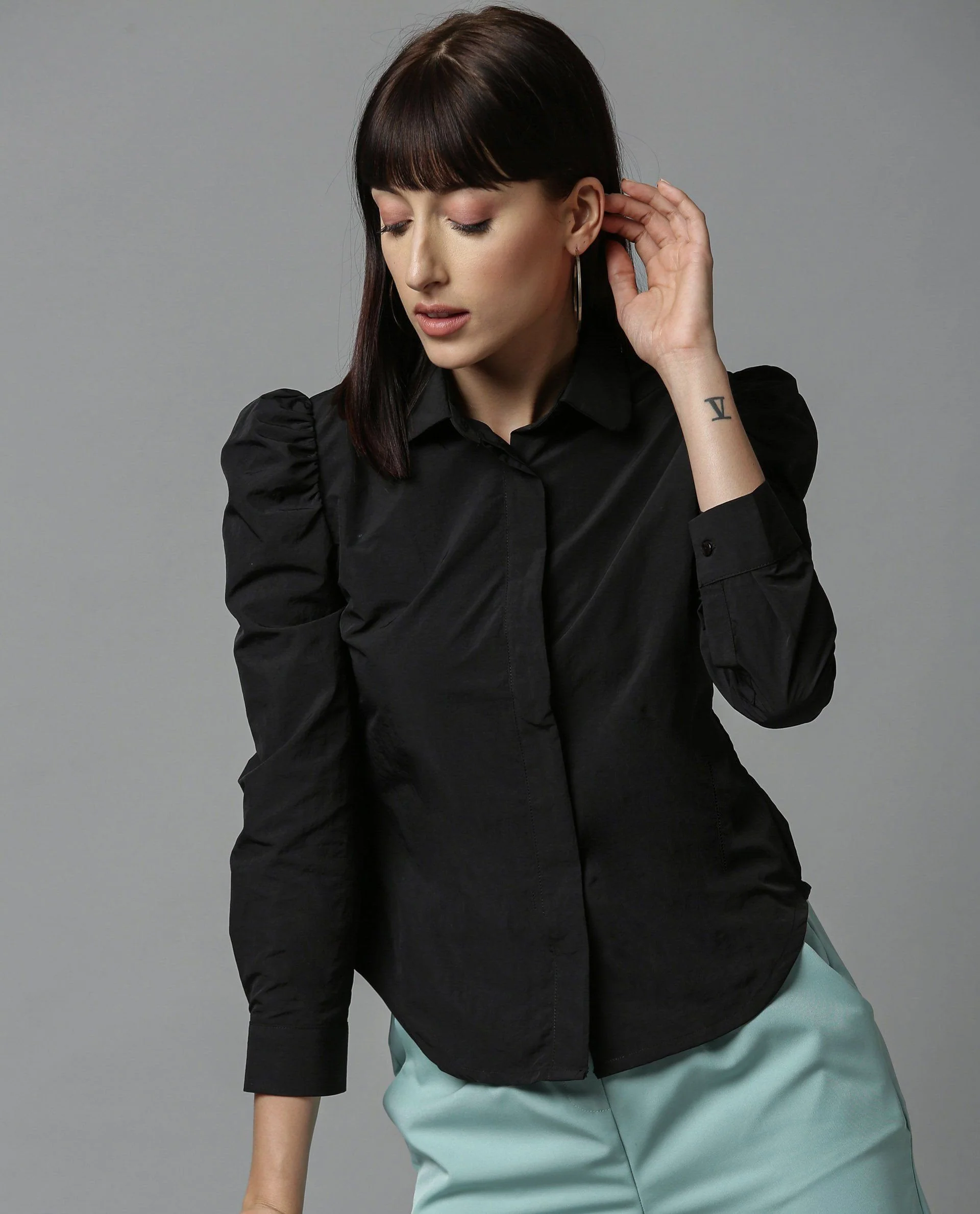 Rareism Women Tesla Black Top Full Sleeves Solid