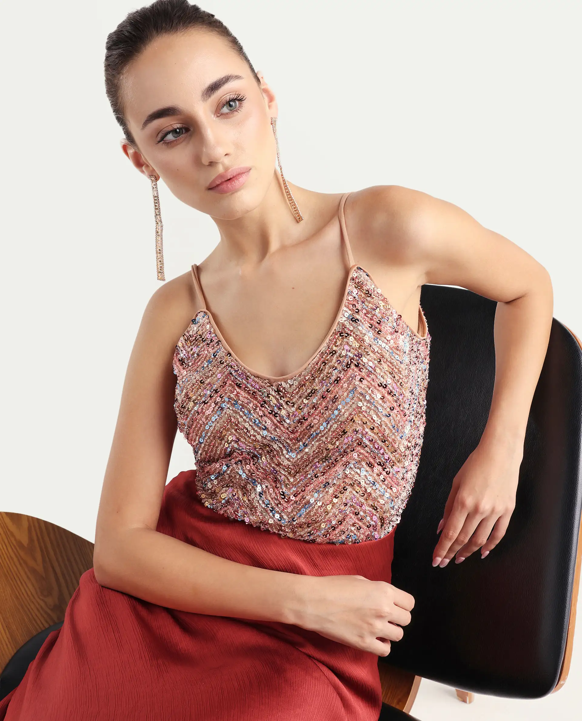 Rareism Women's Tess Sheen Multi Polyester V-Neck Sequined Shoulder Strap Regular Fit Top