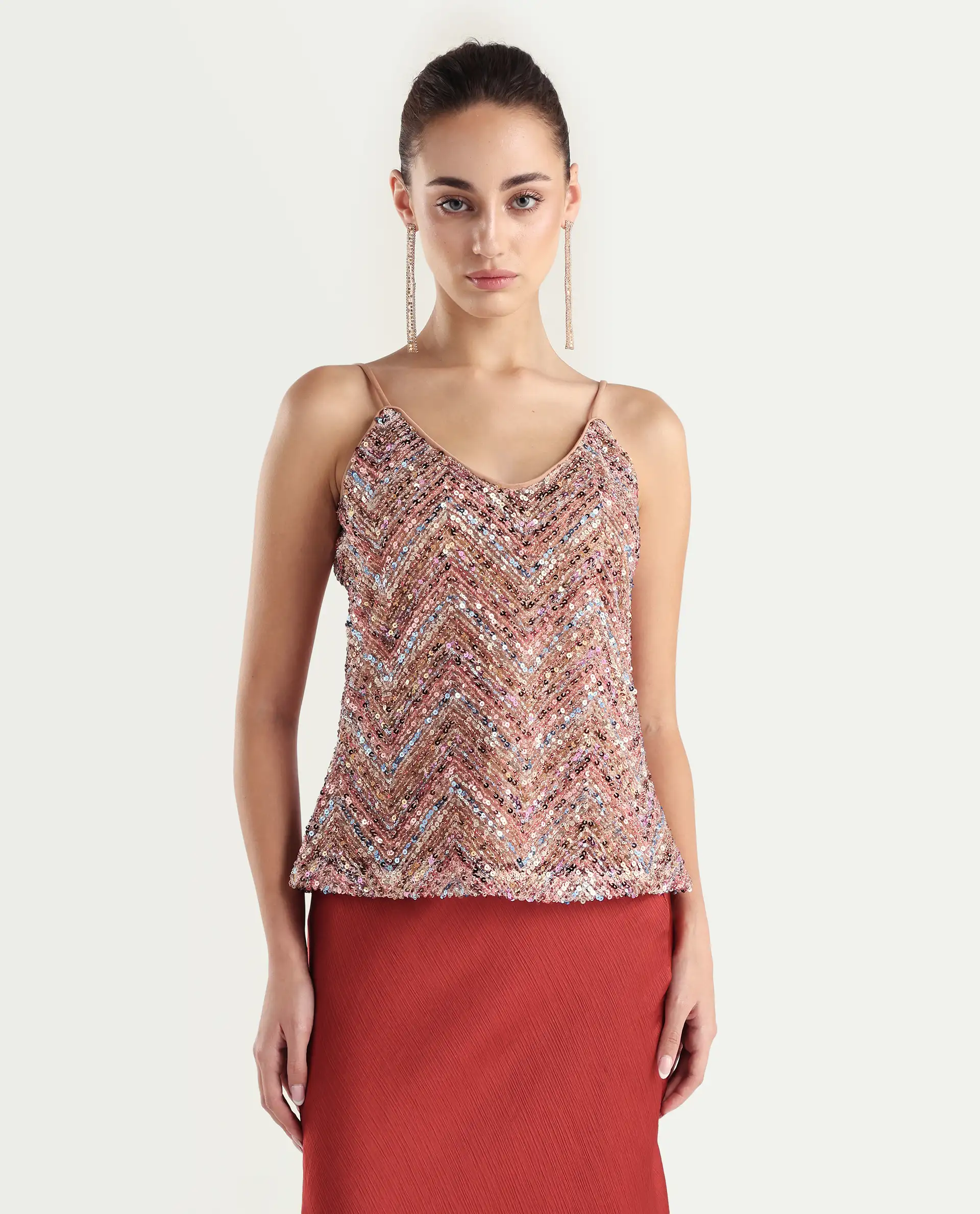 Rareism Women's Tess Sheen Multi Polyester V-Neck Sequined Shoulder Strap Regular Fit Top - Image 3