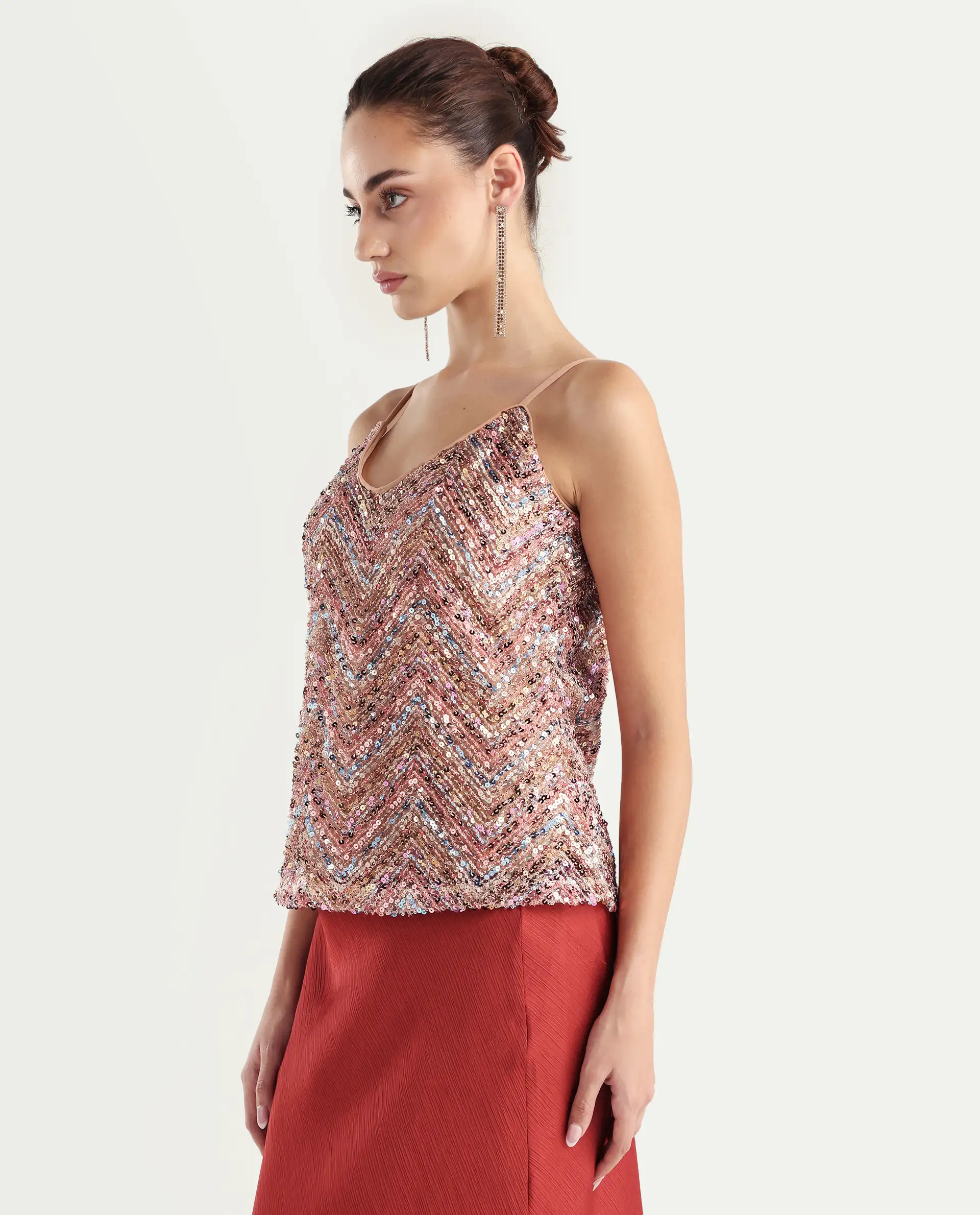 Rareism Women's Tess Sheen Multi Polyester V-Neck Sequined Shoulder Strap Regular Fit Top - Image 5