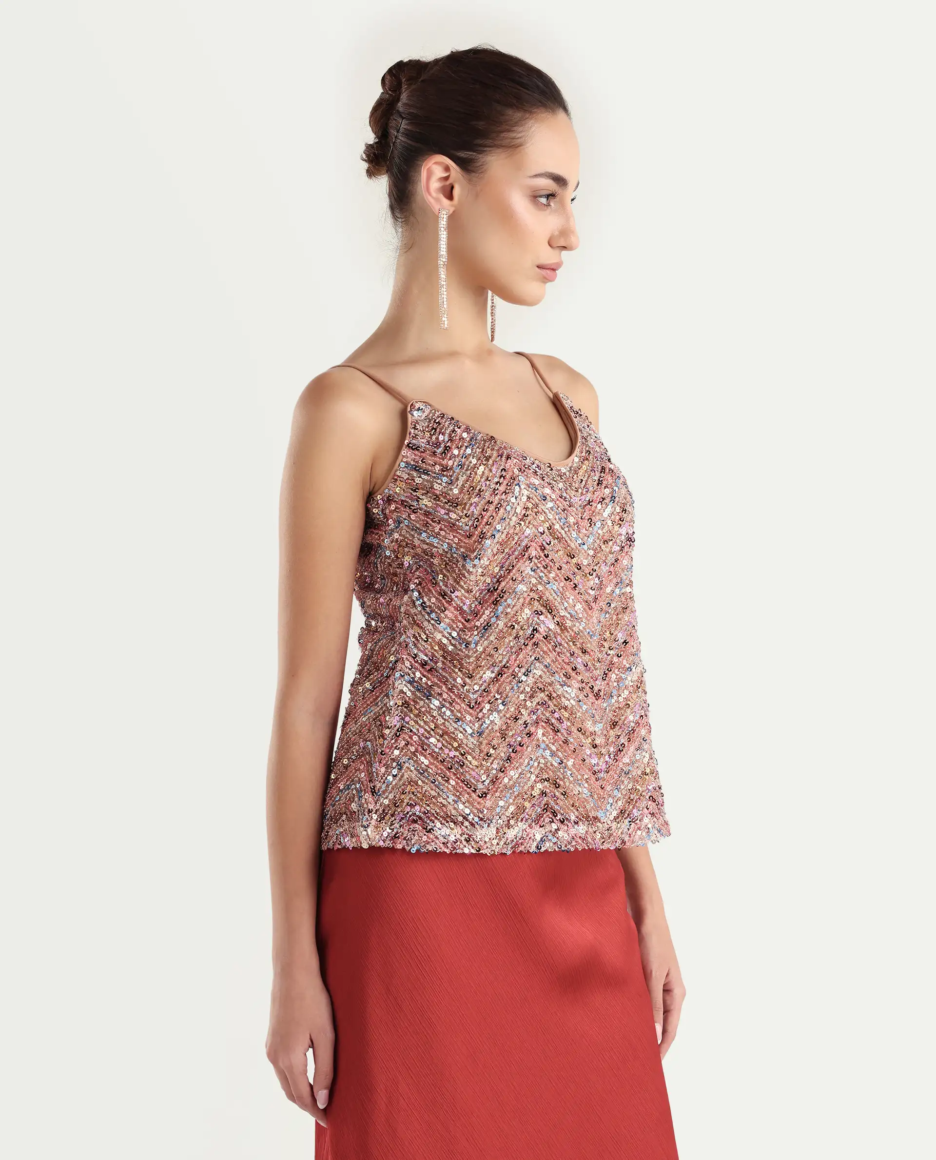 Rareism Women's Tess Sheen Multi Polyester V-Neck Sequined Shoulder Strap Regular Fit Top - Image 6