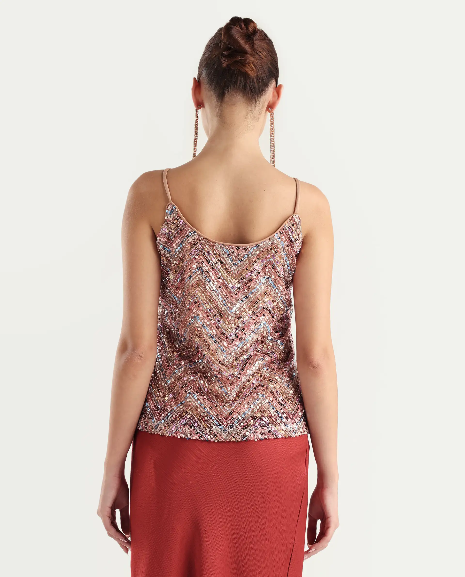 Rareism Women's Tess Sheen Multi Polyester V-Neck Sequined Shoulder Strap Regular Fit Top - Image 7