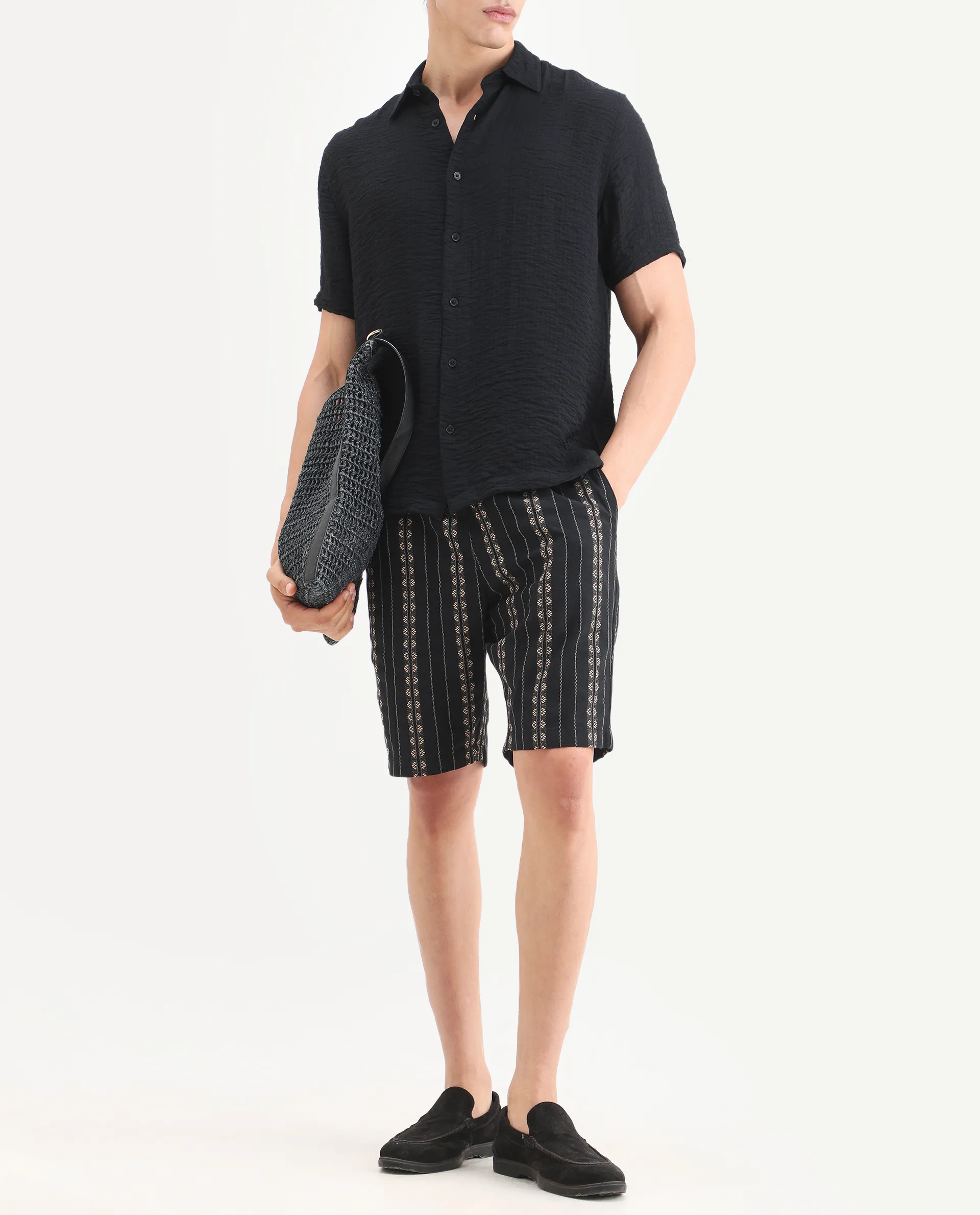 Rare Rabbit Men's Tex Black Cotton Fabric Regular Fit Jacquard Shorts - Image 2