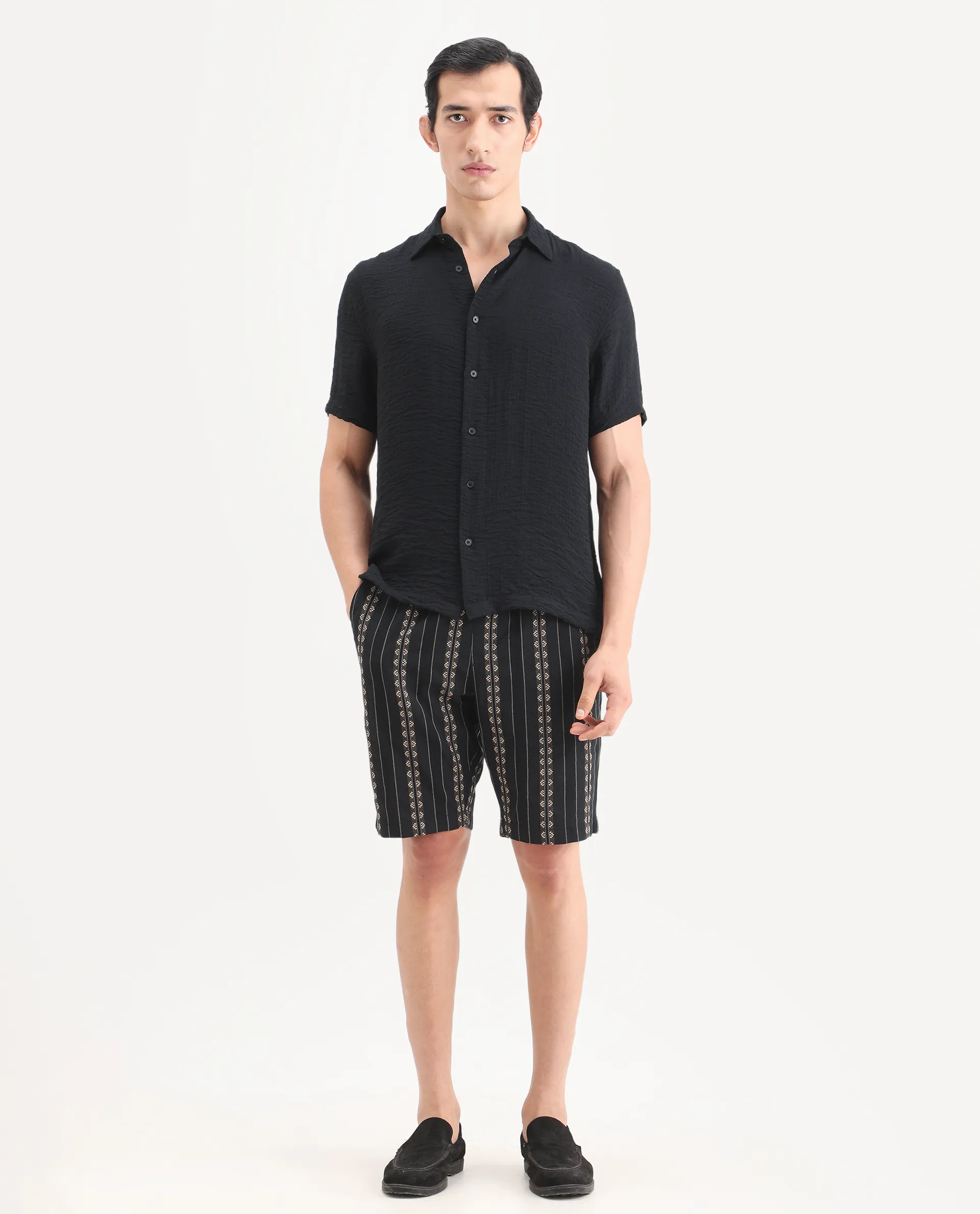Rare Rabbit Men's Tex Black Cotton Fabric Regular Fit Jacquard Shorts - Image 4