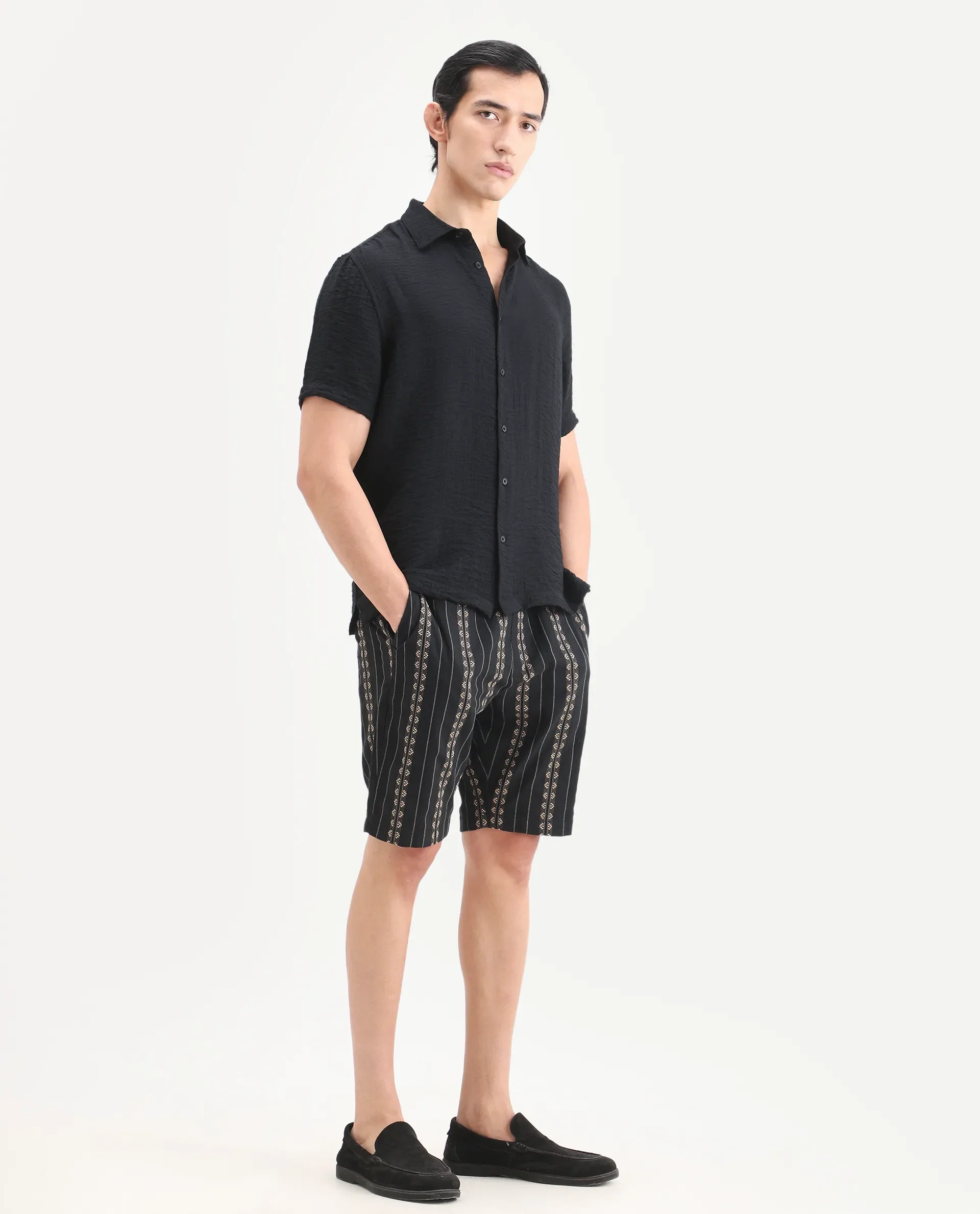Rare Rabbit Men's Tex Black Cotton Fabric Regular Fit Jacquard Shorts - Image 5