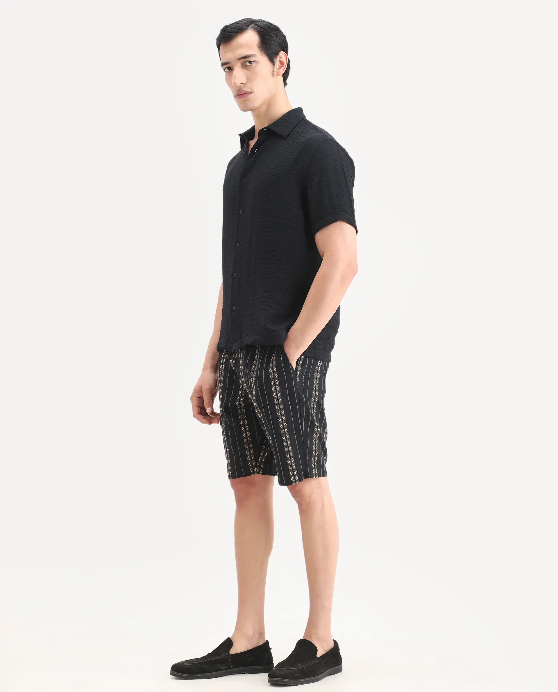 Rare Rabbit Men's Tex Black Cotton Fabric Regular Fit Jacquard Shorts - Image 6