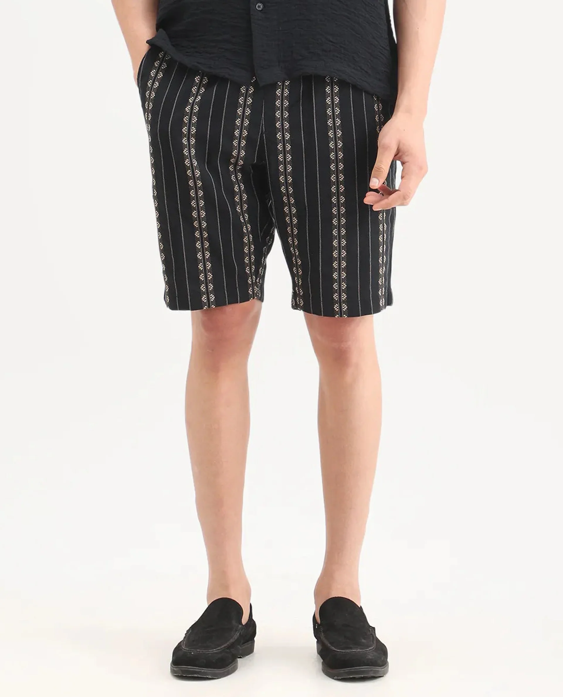Rare Rabbit Men's Tex Black Cotton Fabric Regular Fit Jacquard Shorts - Image 9