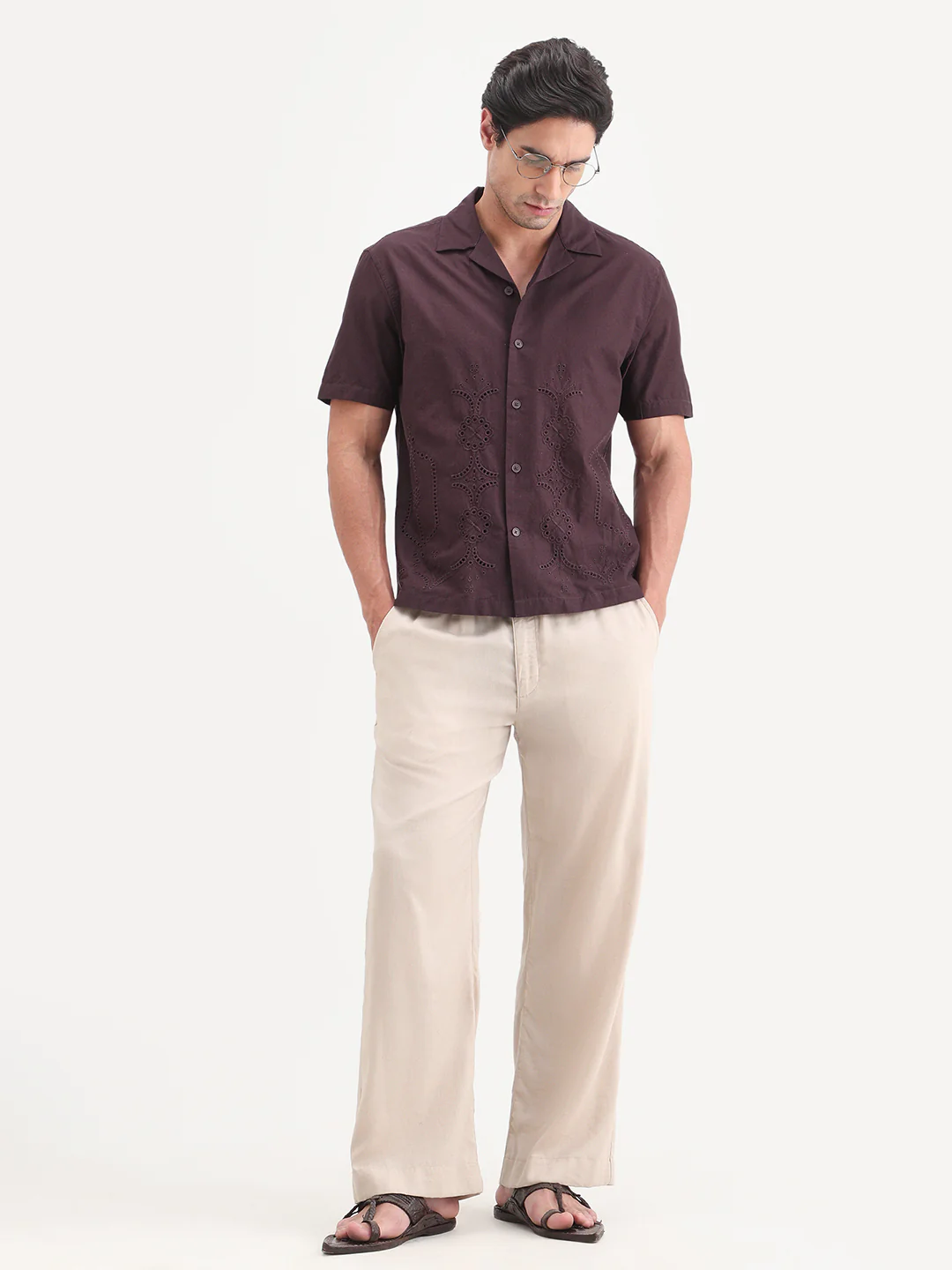 Rare Rabbit Men's Texa Maroon Cotton Fabric Half Sleeve Cuban Collar Relaxed Fit Embroidered Shirt - Image 2