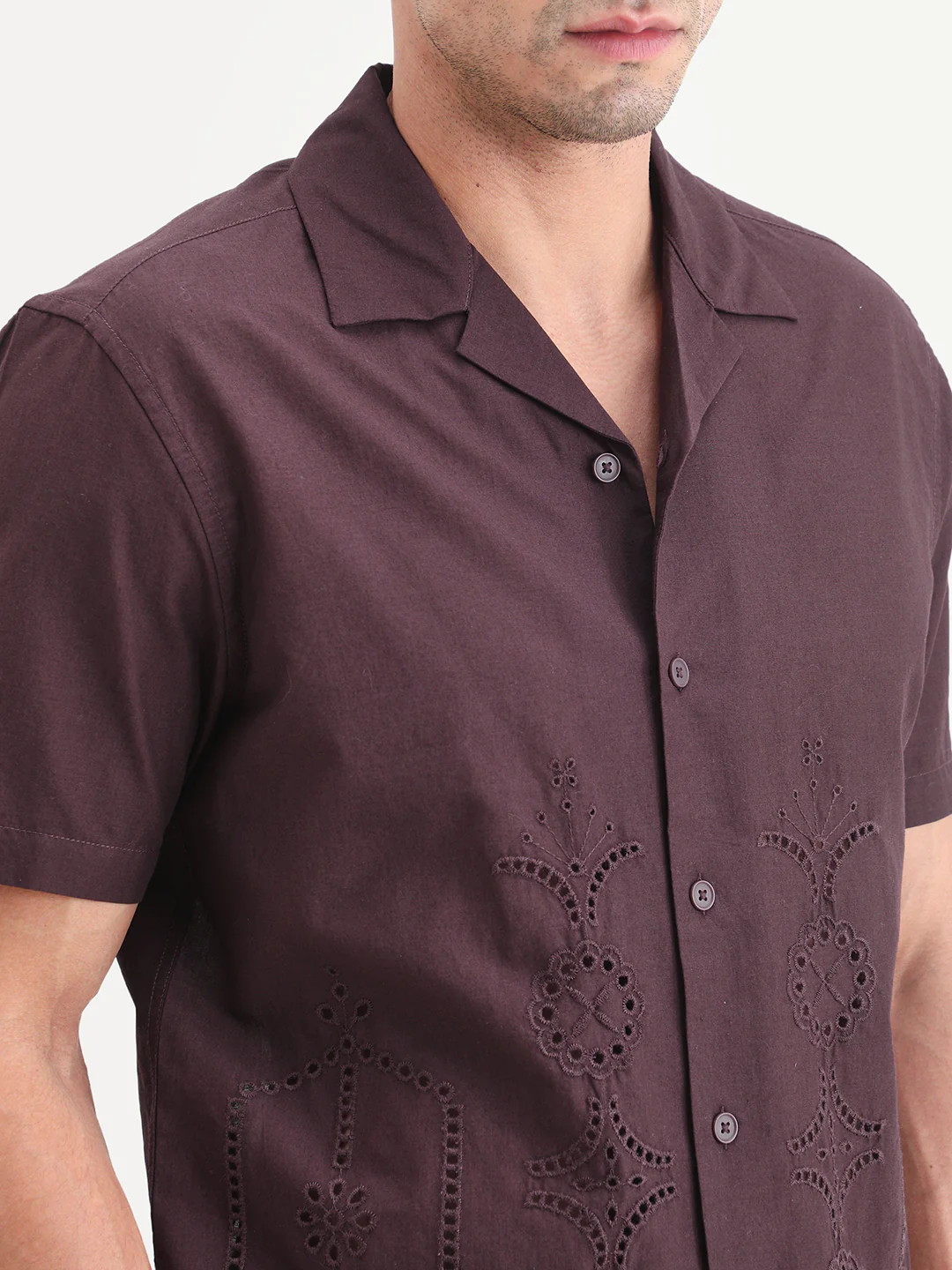 Rare Rabbit Men's Texa Maroon Cotton Fabric Half Sleeve Cuban Collar Relaxed Fit Embroidered Shirt - Image 3