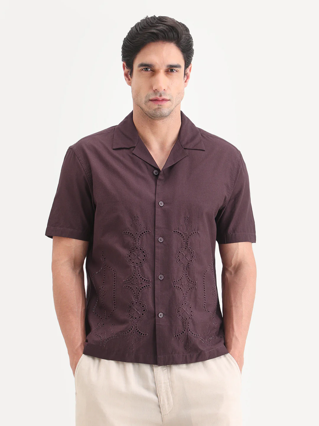 Rare Rabbit Men's Texa Maroon Cotton Fabric Half Sleeve Cuban Collar Relaxed Fit Embroidered Shirt - Image 4