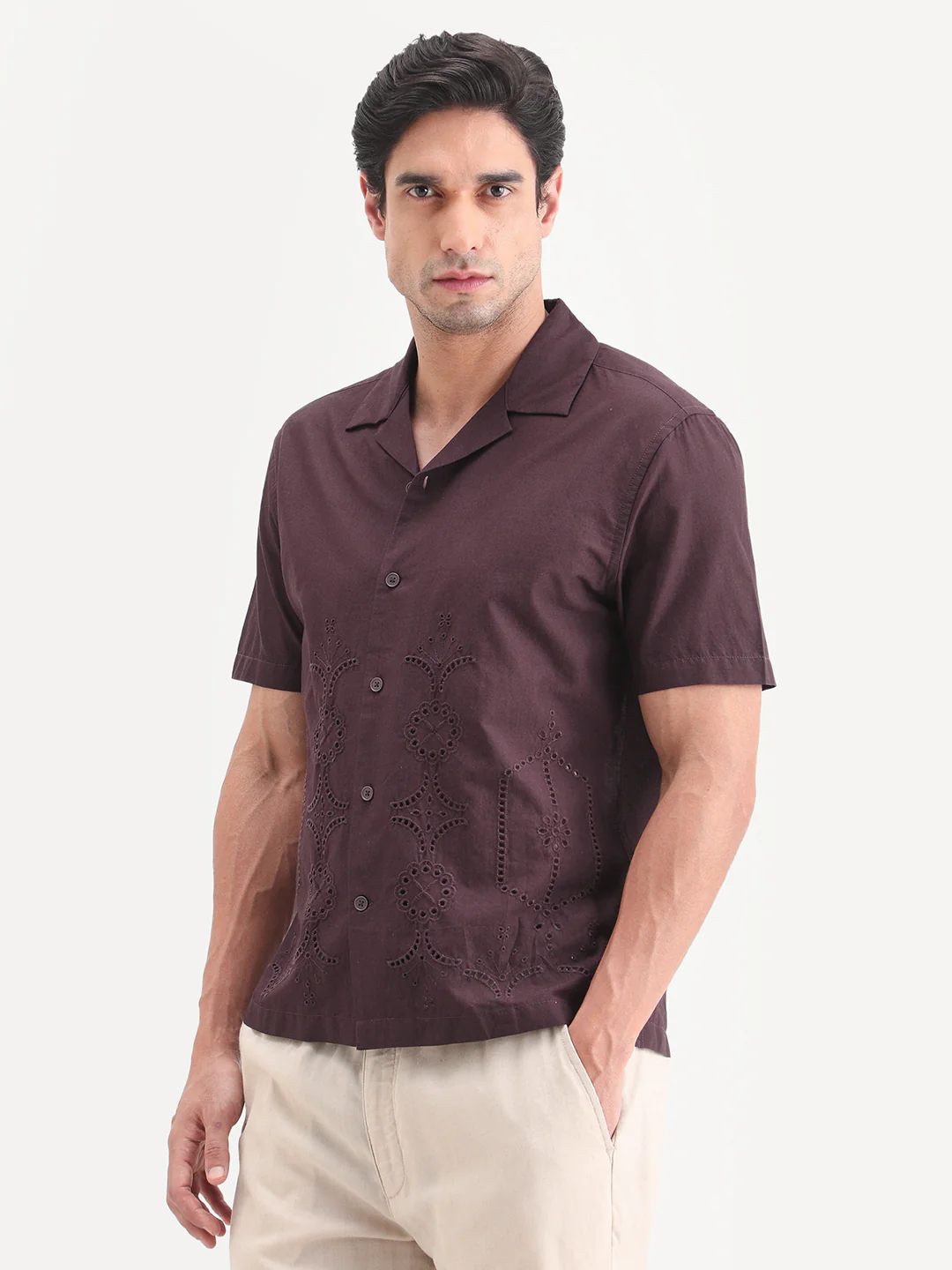 Rare Rabbit Men's Texa Maroon Cotton Fabric Half Sleeve Cuban Collar Relaxed Fit Embroidered Shirt - Image 5