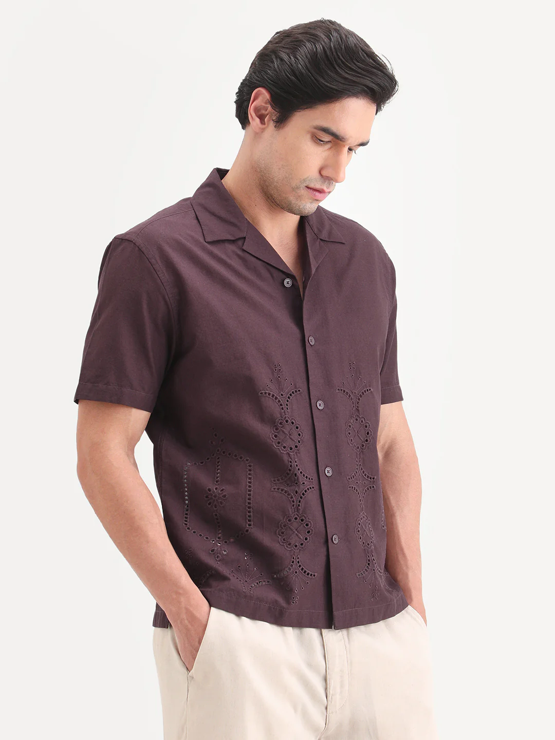 Rare Rabbit Men's Texa Maroon Cotton Fabric Half Sleeve Cuban Collar Relaxed Fit Embroidered Shirt - Image 6