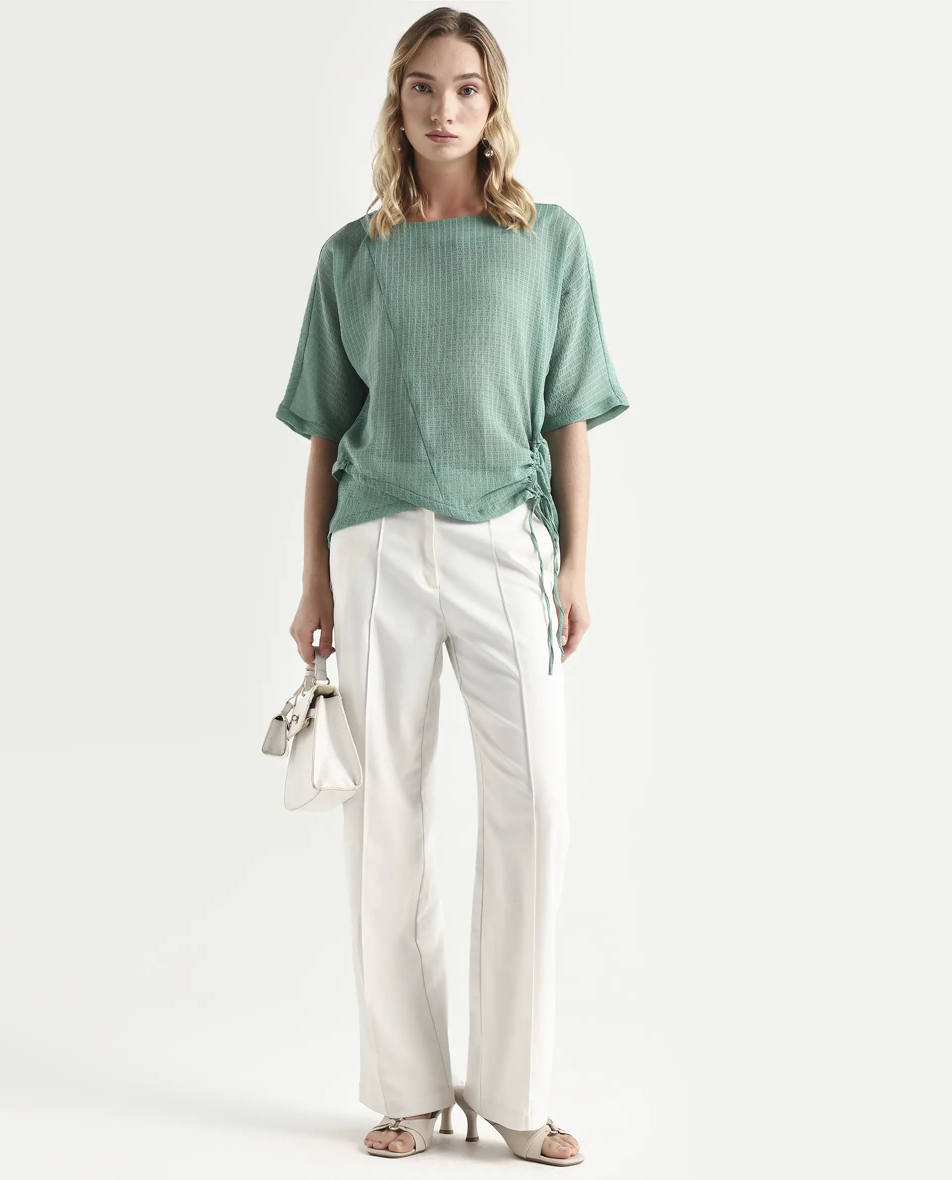 Rareism Women's Texmer Green Cotton Boat Neck Plain Regular Fit Top - Image 2