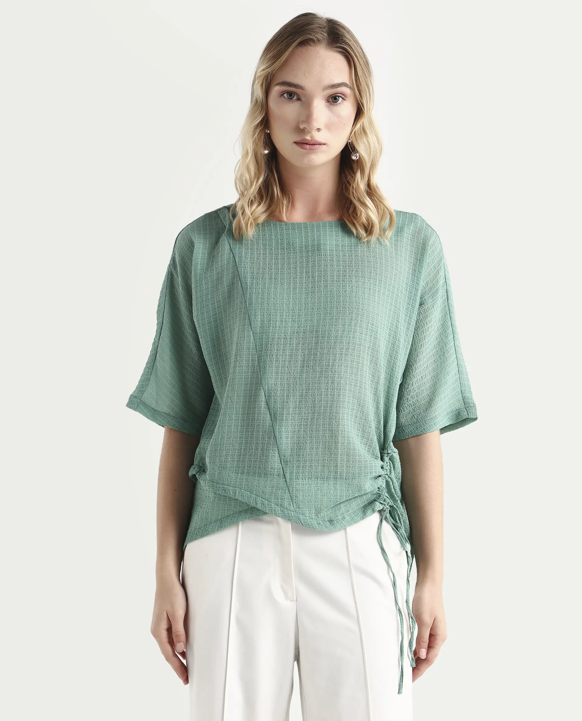 Rareism Women's Texmer Green Cotton Boat Neck Plain Regular Fit Top - Image 3