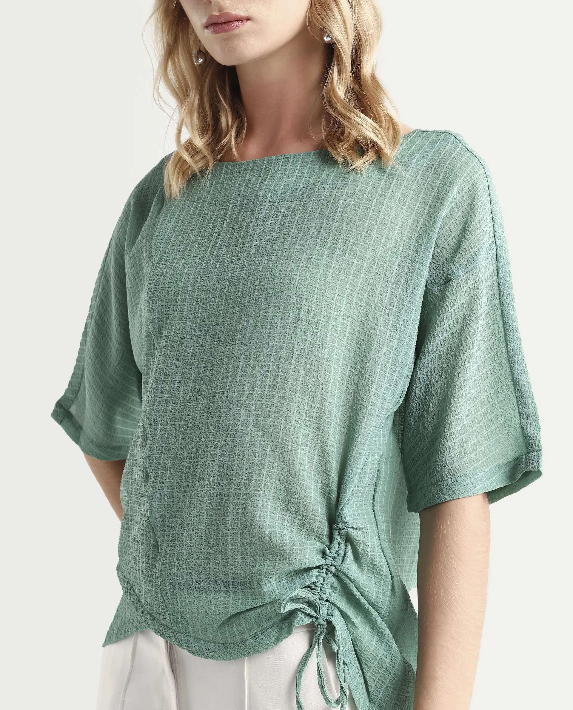 Rareism Women's Texmer Green Cotton Boat Neck Plain Regular Fit Top - Image 4