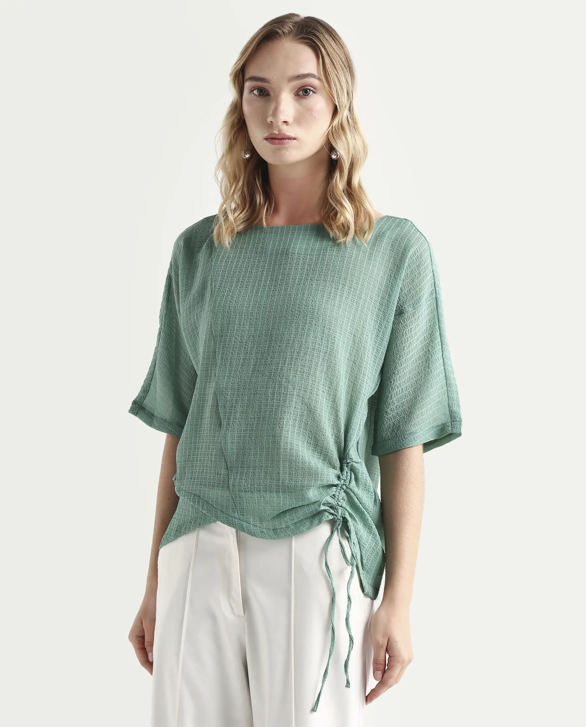 Rareism Women's Texmer Green Cotton Boat Neck Plain Regular Fit Top - Image 5