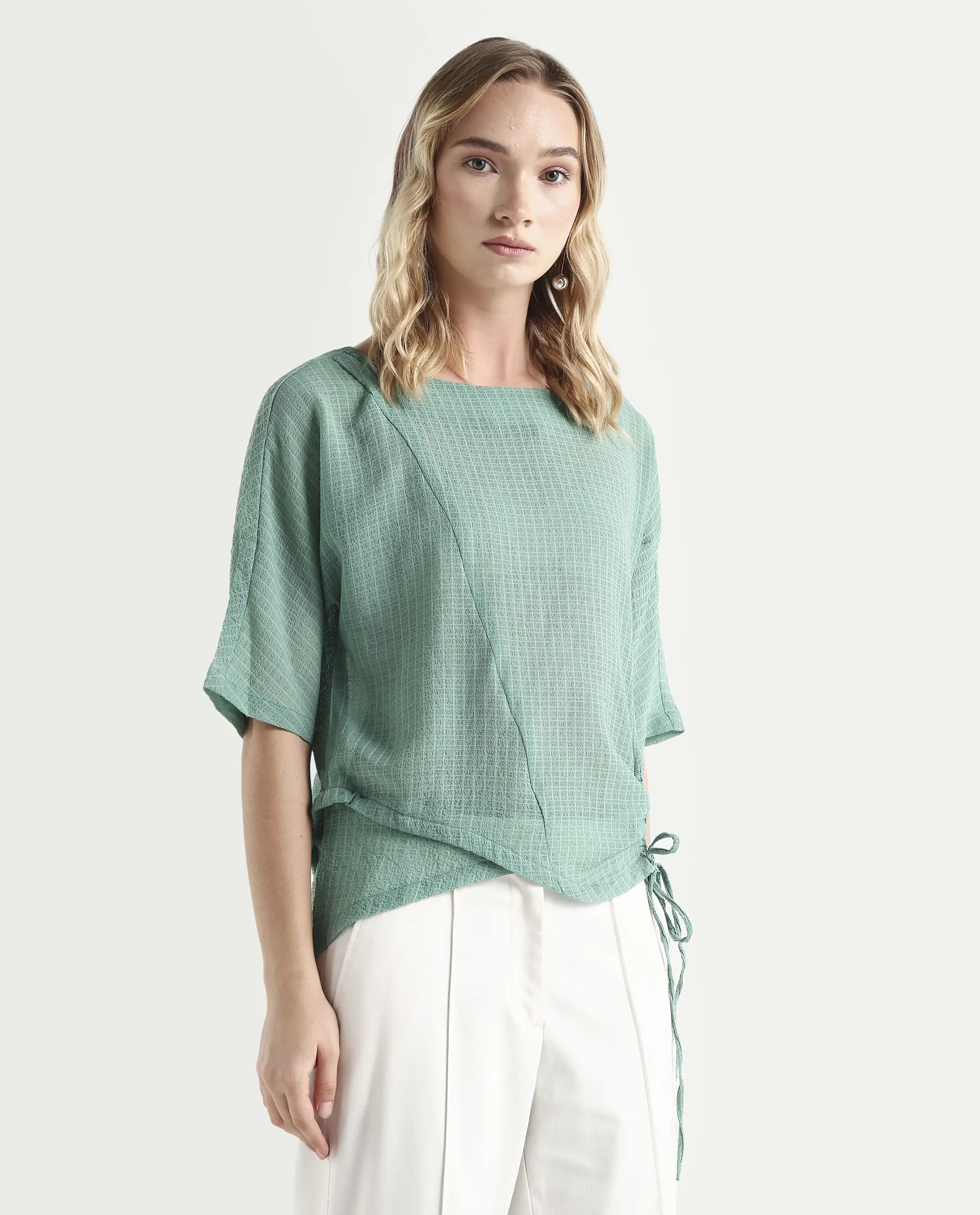 Rareism Women's Texmer Green Cotton Boat Neck Plain Regular Fit Top - Image 6