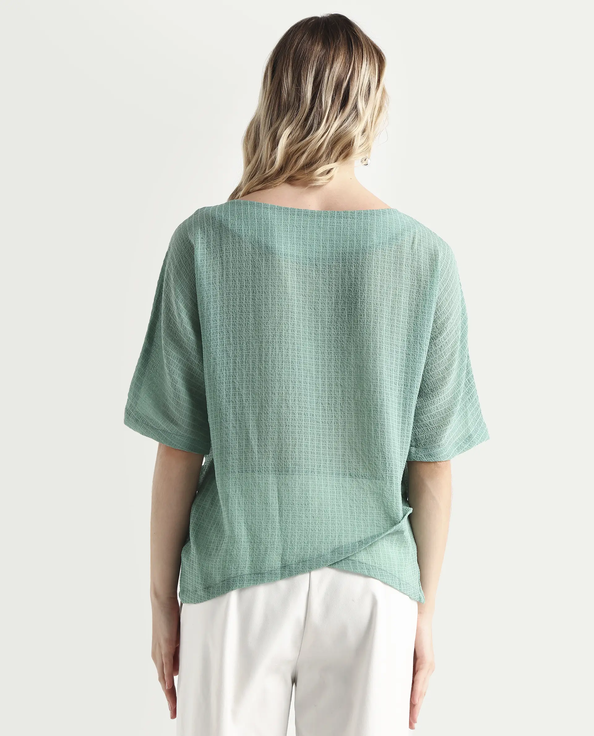 Rareism Women's Texmer Green Cotton Boat Neck Plain Regular Fit Top - Image 7