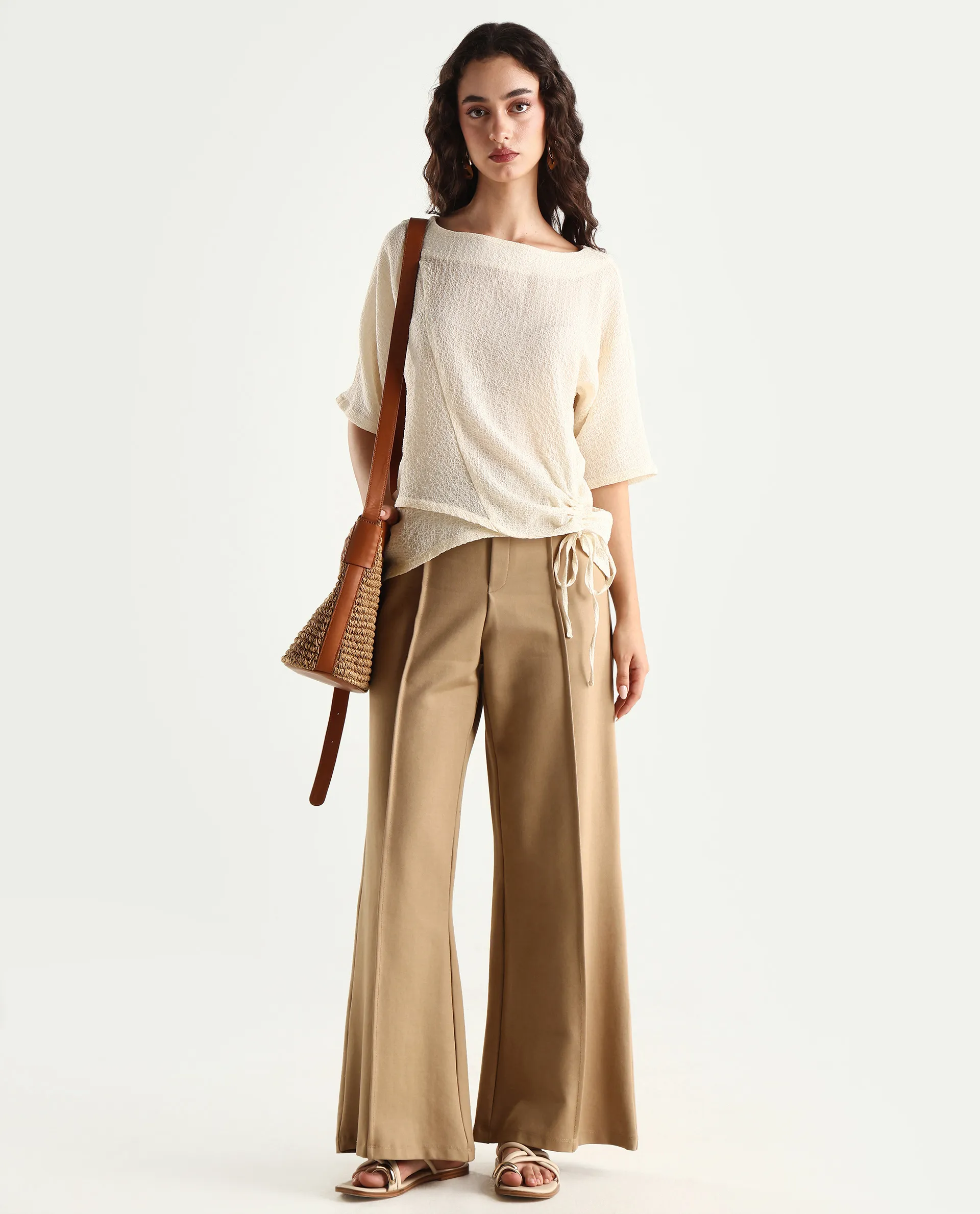 Rareism Women's Texmer Beige Polyester Boat Neck Plain Regular Fit Top - Image 2