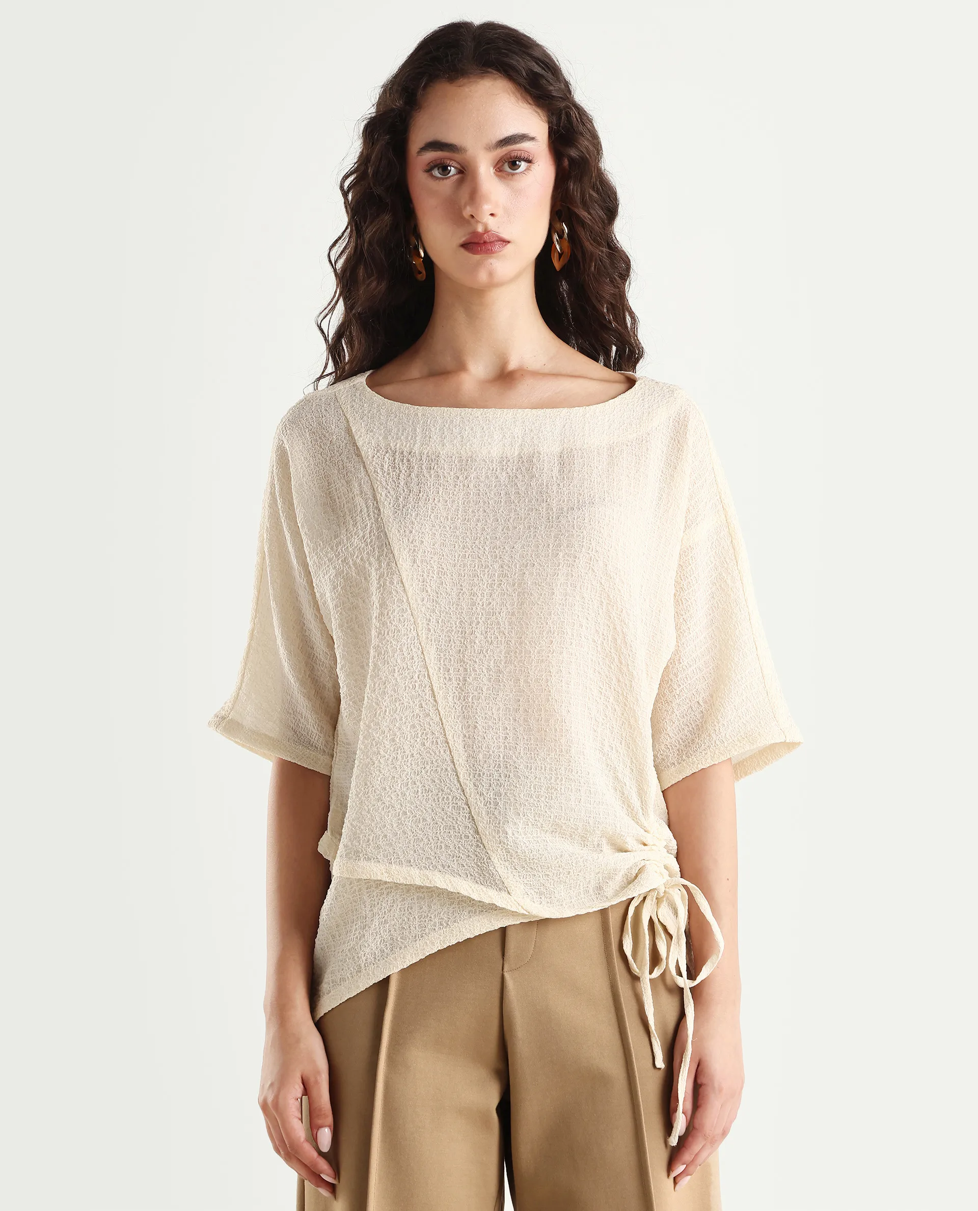 Rareism Women's Texmer Beige Polyester Boat Neck Plain Regular Fit Top - Image 3