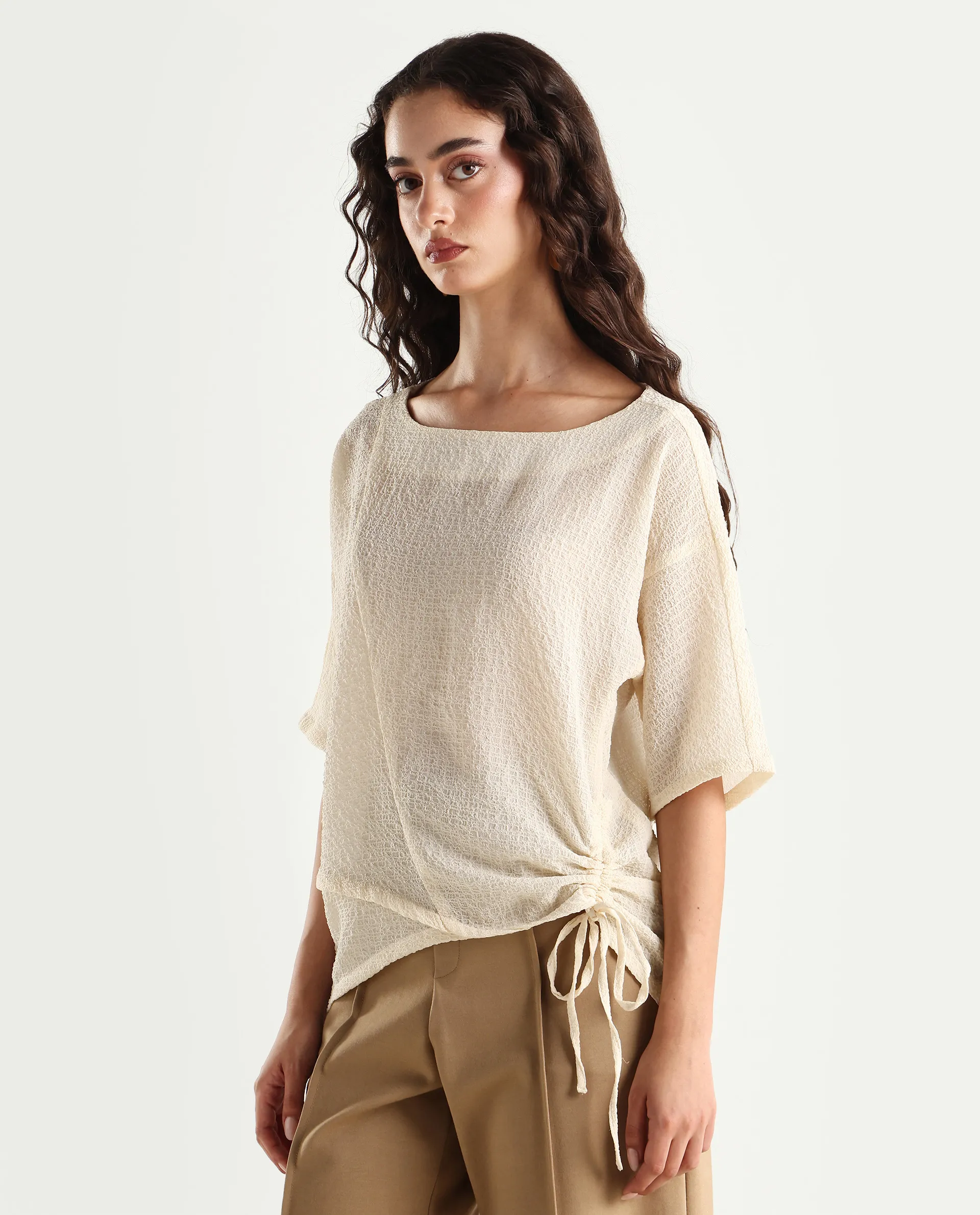 Rareism Women's Texmer Beige Polyester Boat Neck Plain Regular Fit Top - Image 4