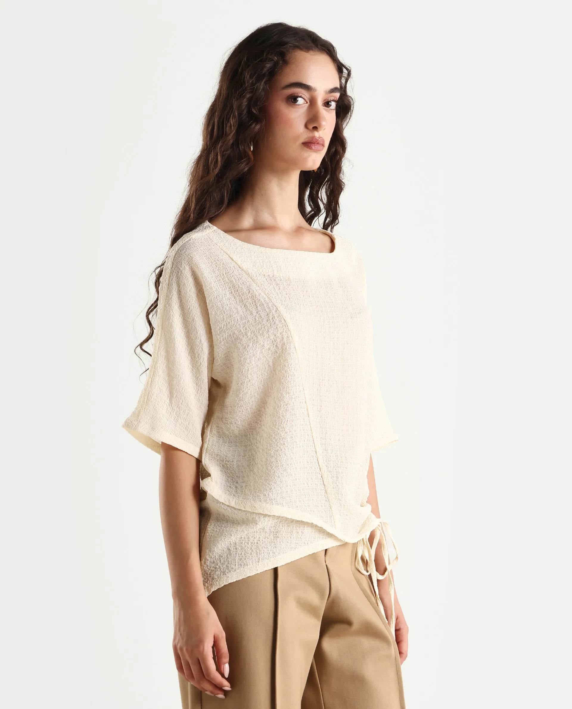 Rareism Women's Texmer Beige Polyester Boat Neck Plain Regular Fit Top - Image 5