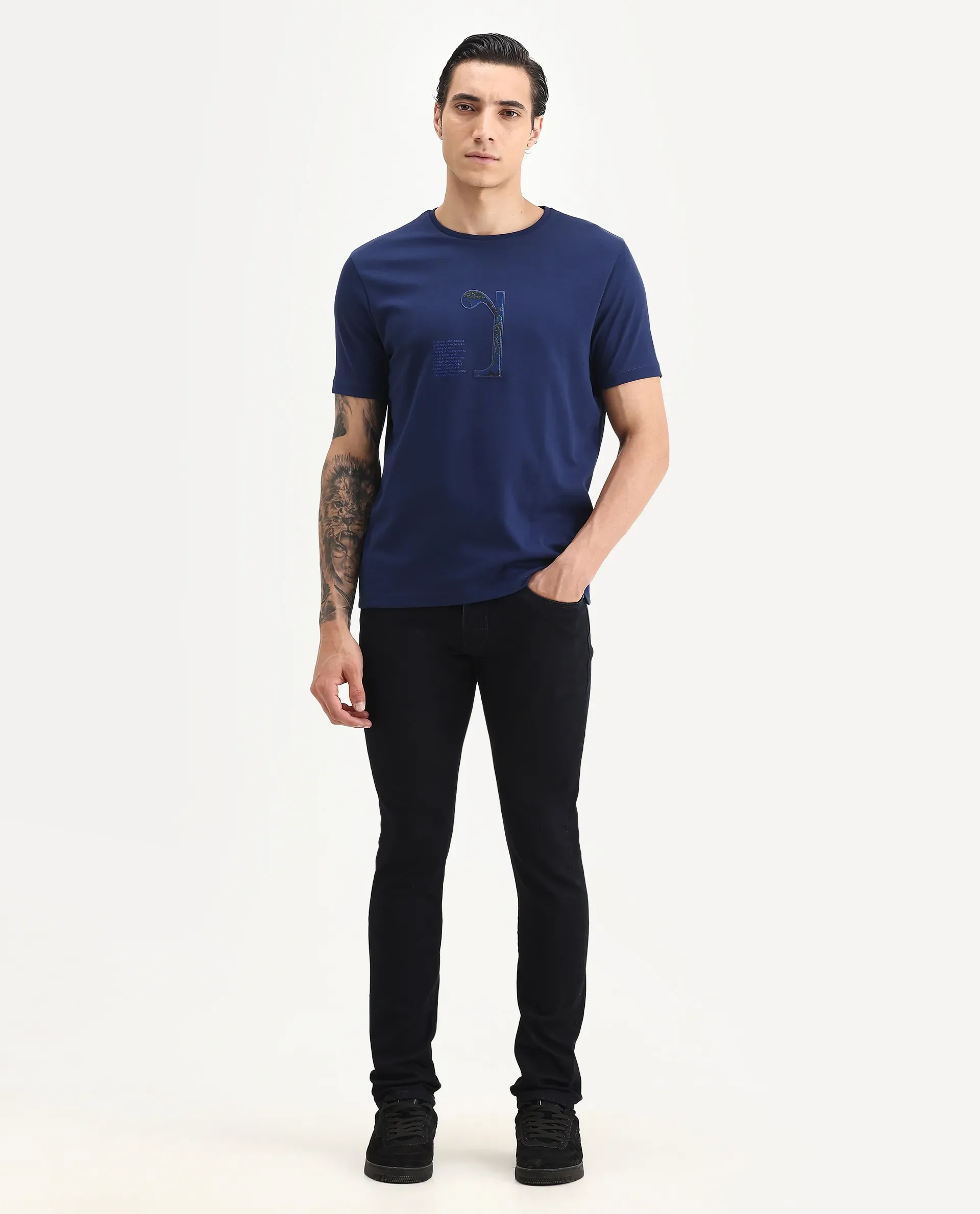 Rare Rabbit Men's Tezo Navy Cotton Blend Graphic Print Regular Fit Half Sleeve Crew Neck T-Shirt - Image 2