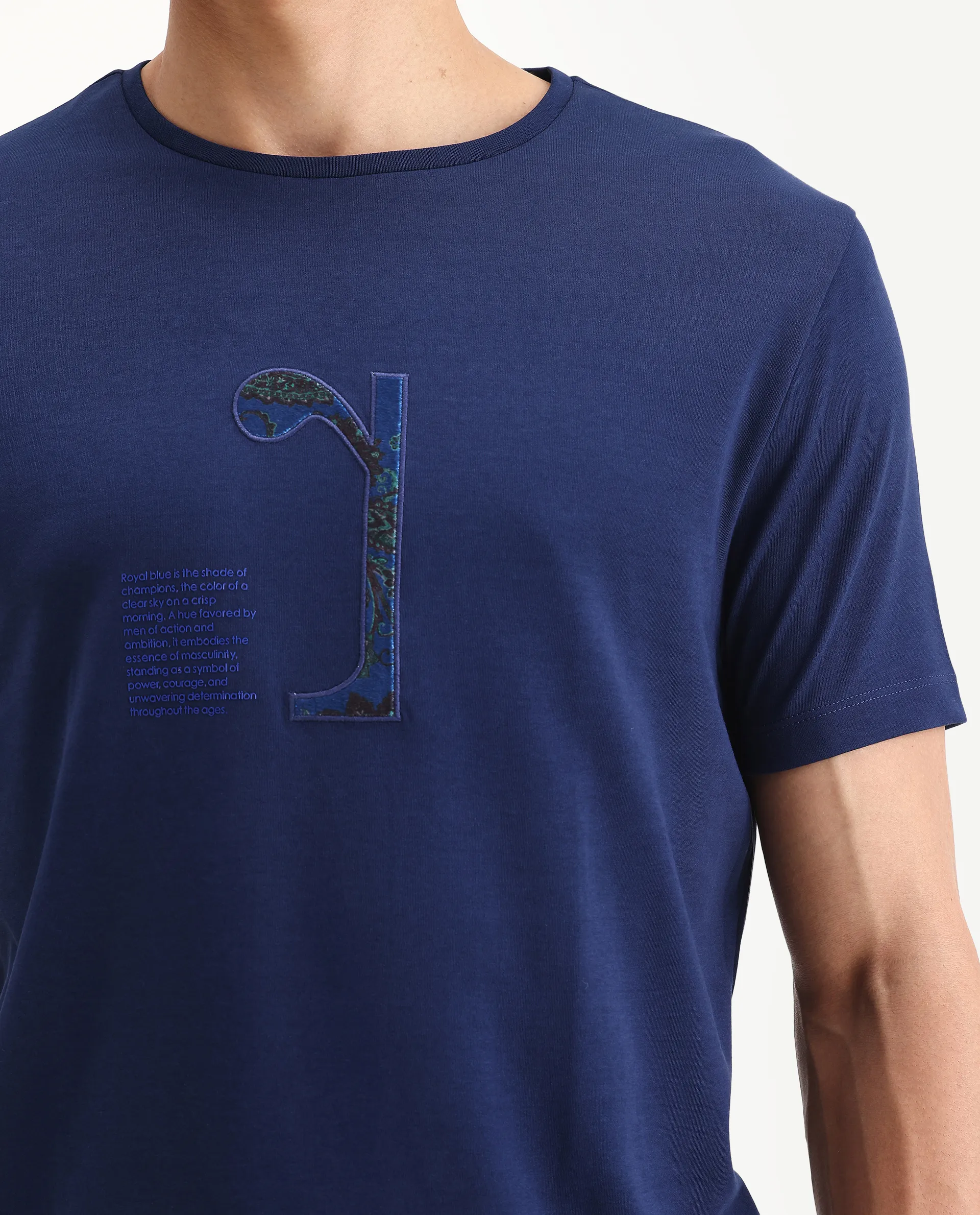 Rare Rabbit Men's Tezo Navy Cotton Blend Graphic Print Regular Fit Half Sleeve Crew Neck T-Shirt - Image 3